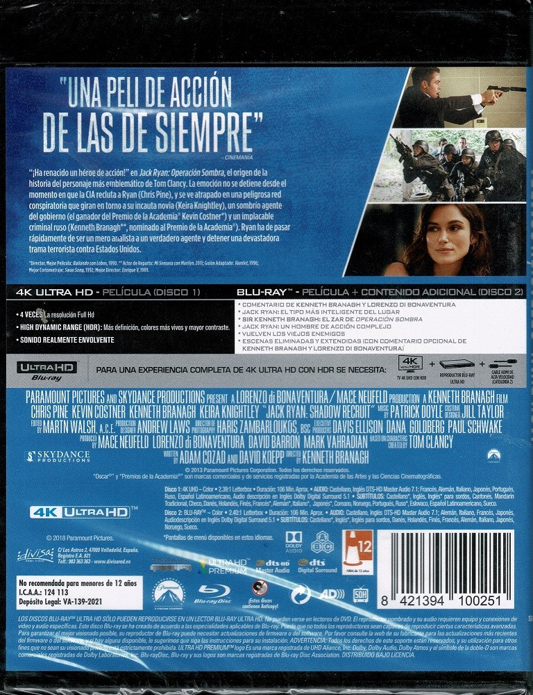 Parte trasera de una caja de Blu-ray de Jack Ryan con escenas, reparto, textos y código de barras.