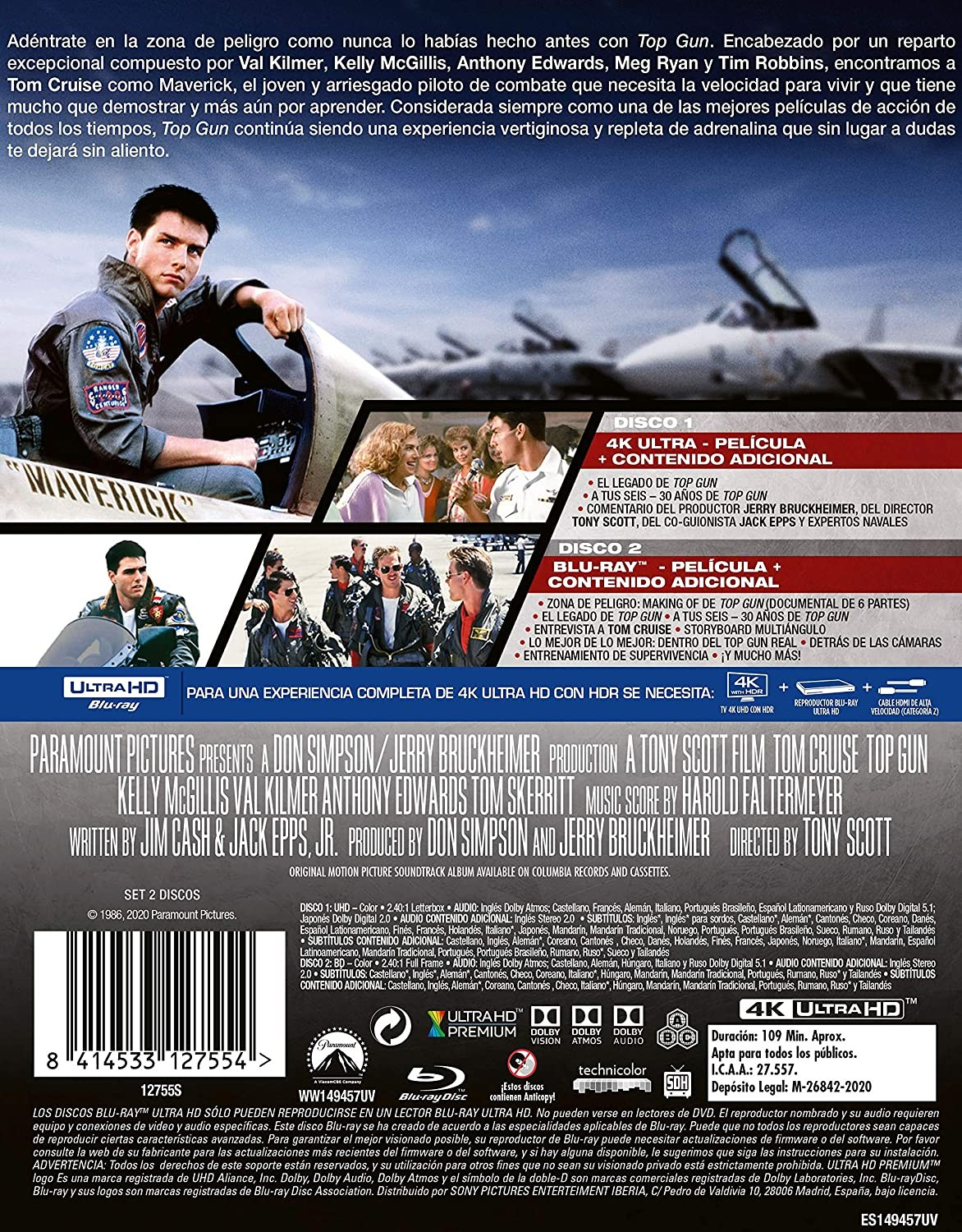 Contraportada de un estuche Blu-ray 4K Ultra HD de Top Gun con Tom Cruise y detalles.