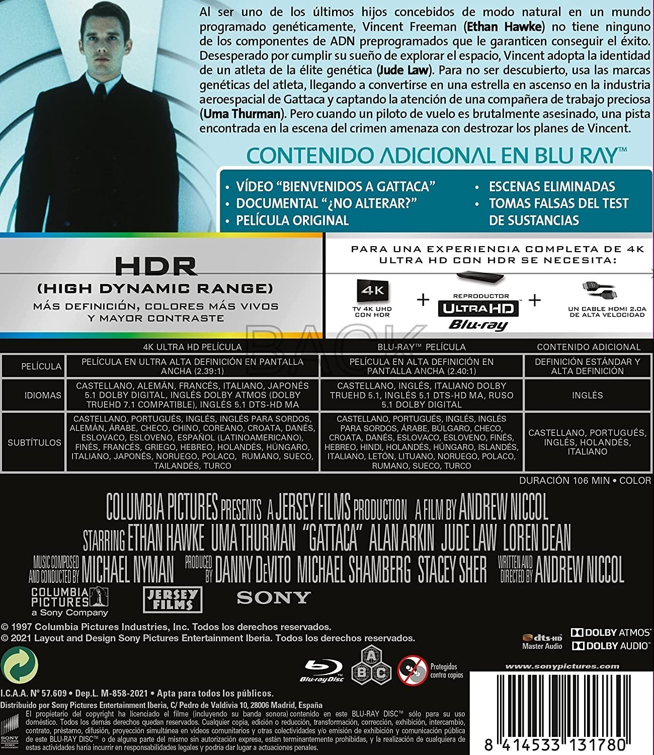 Contraportada del Blu-ray de Gattaca con sinopsis, detalles del reparto y especificaciones técnicas.