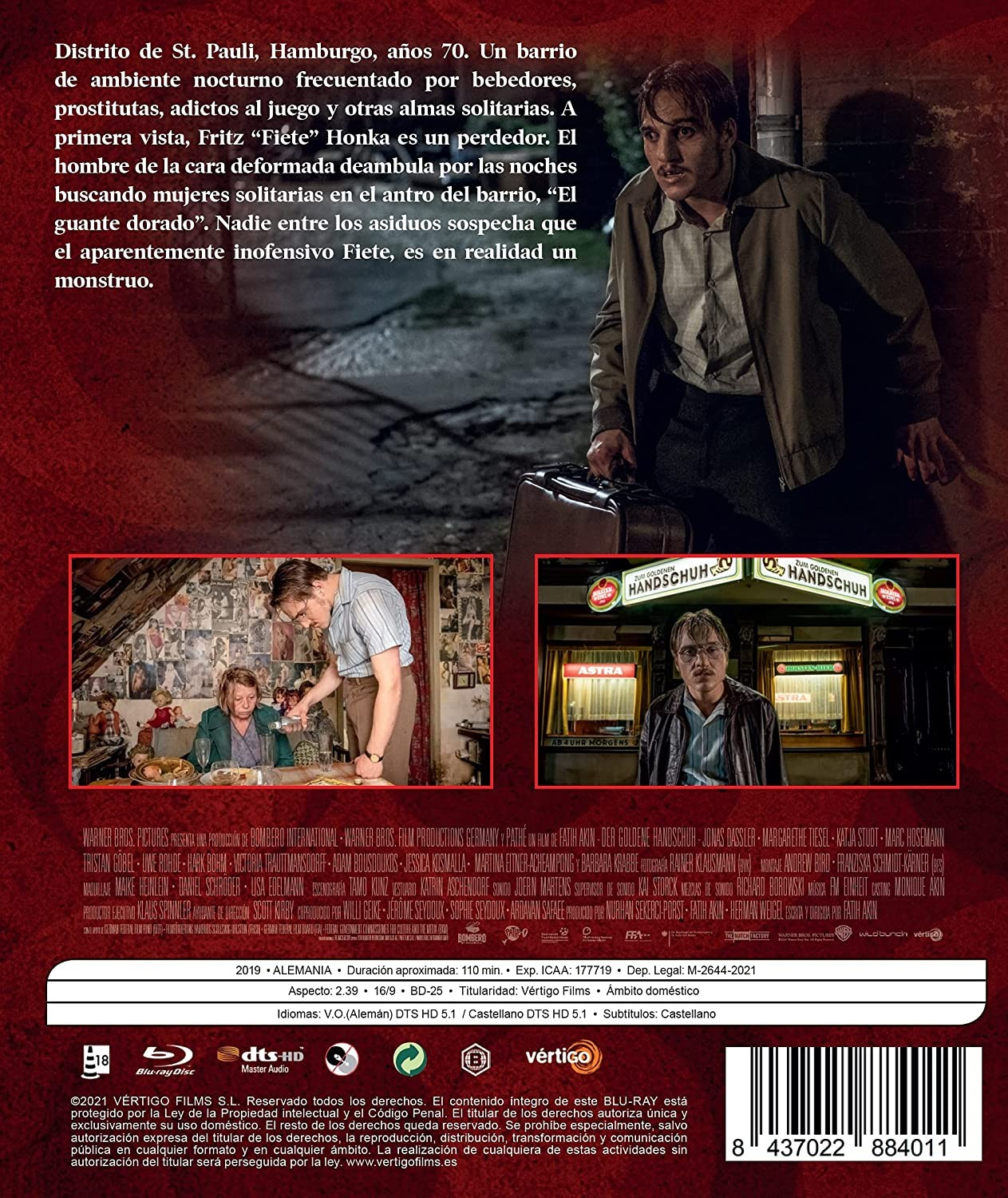 Carátula de la película El guante dorado con texto y fotogramas.