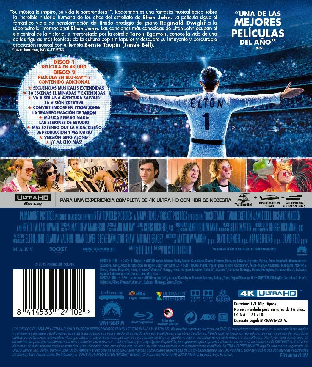 Carátula del Blu-ray de Rocketman con Taron Egerton y fotos del reparto.
