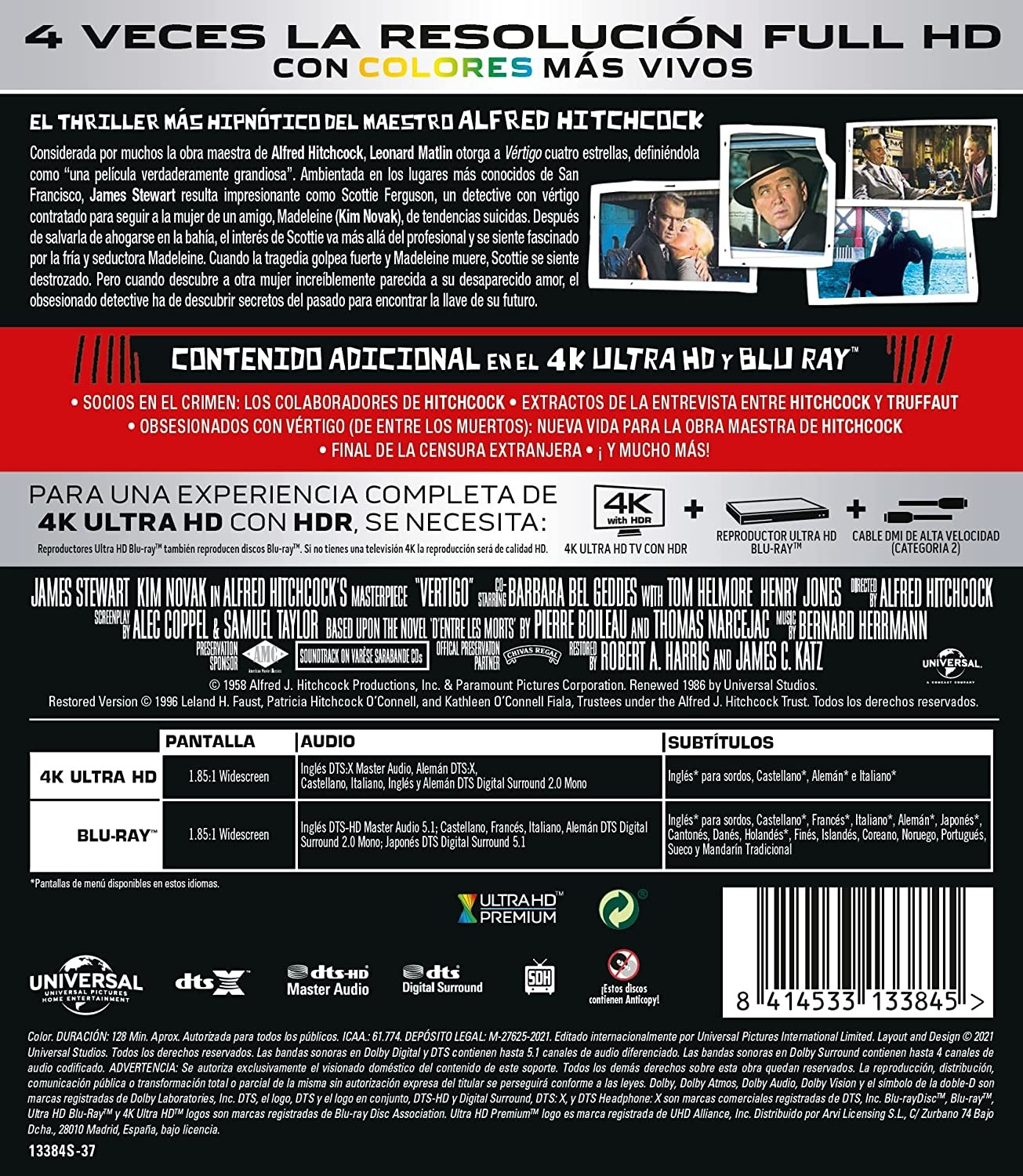 Contraportada del Blu-ray 4K Ultra HD de Vértigo de Alfred Hitchcock con texto y fotogramas.