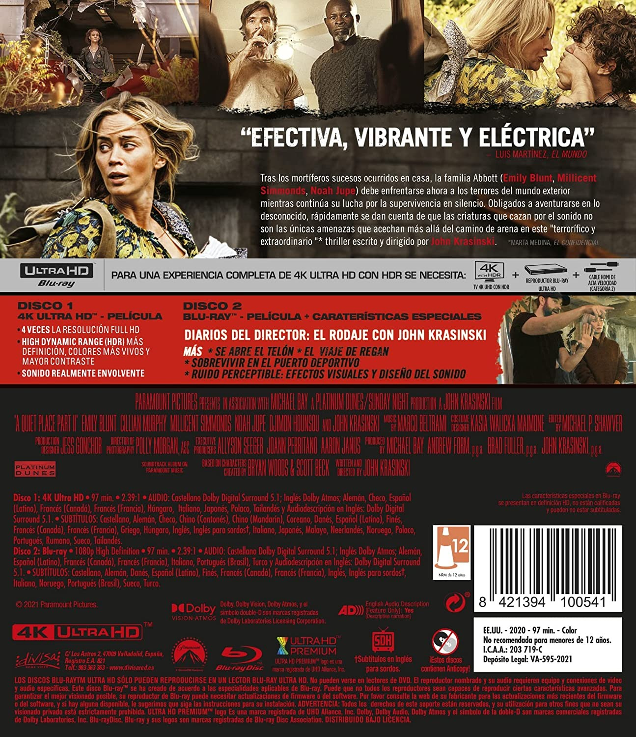 Contraportada de la caja Blu-ray Ultra HD de Un lugar tranquilo 2 con imágenes del reparto y texto en español.