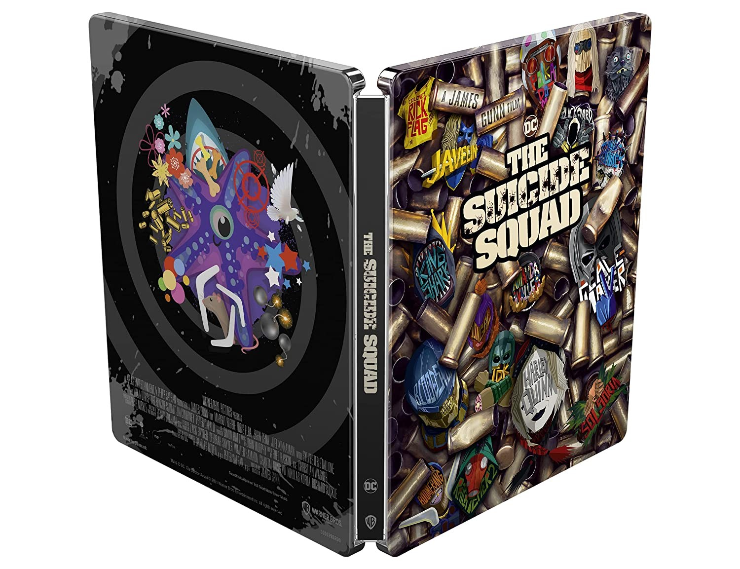 La portada de Suicide Squad muestra una estrella de mar morada en un blanco negro y balas.