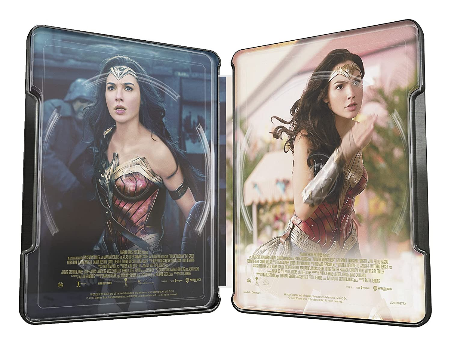 Estuche metálico abierto de Wonder Woman con dos imágenes de la superheroína en el interior sobre fondo plateado.