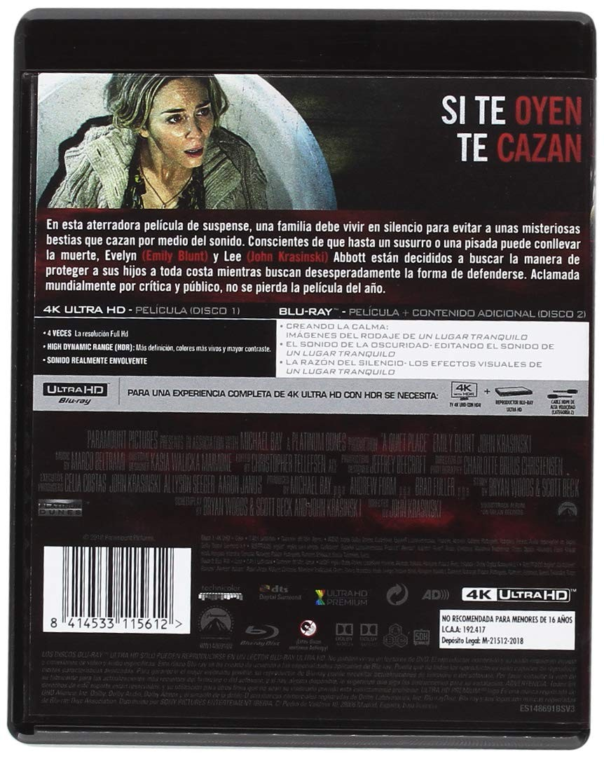 Contraportada del Blu-ray de Un lugar tranquilo con texto y detalles del reparto.