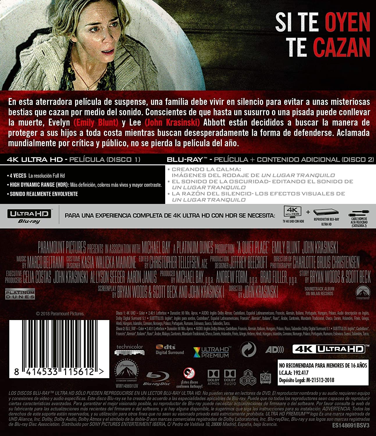 Contraportada de Blu-ray de A Quiet Place con texto en español y rostro de mujer.