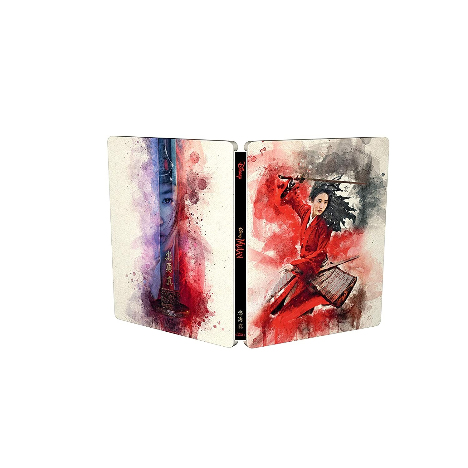 Steelbook de Mulan en estilo acuarela roja con espada en la portada.