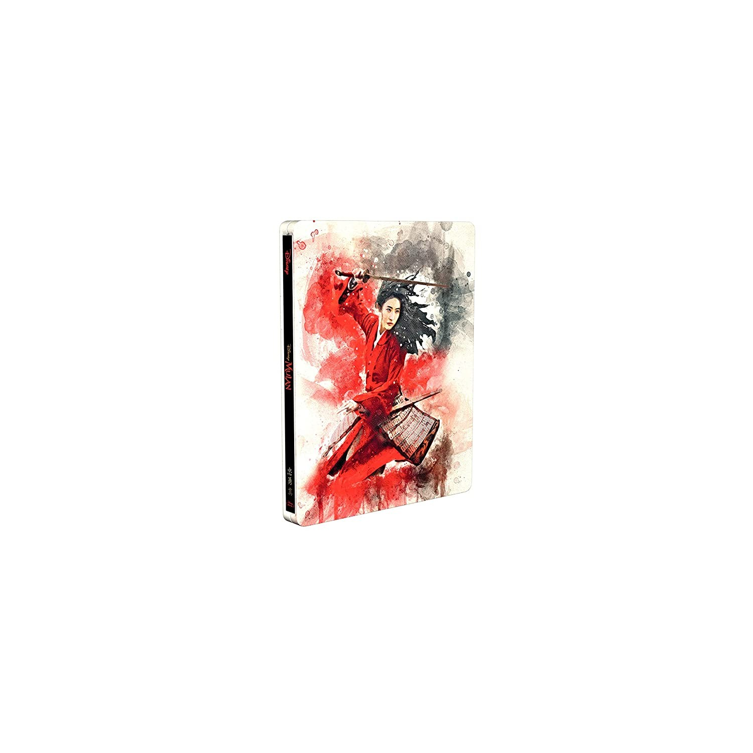 Un steelbook de Mulan con un diseño de acuarela roja y negra muestra a Mulan sosteniendo una espada.