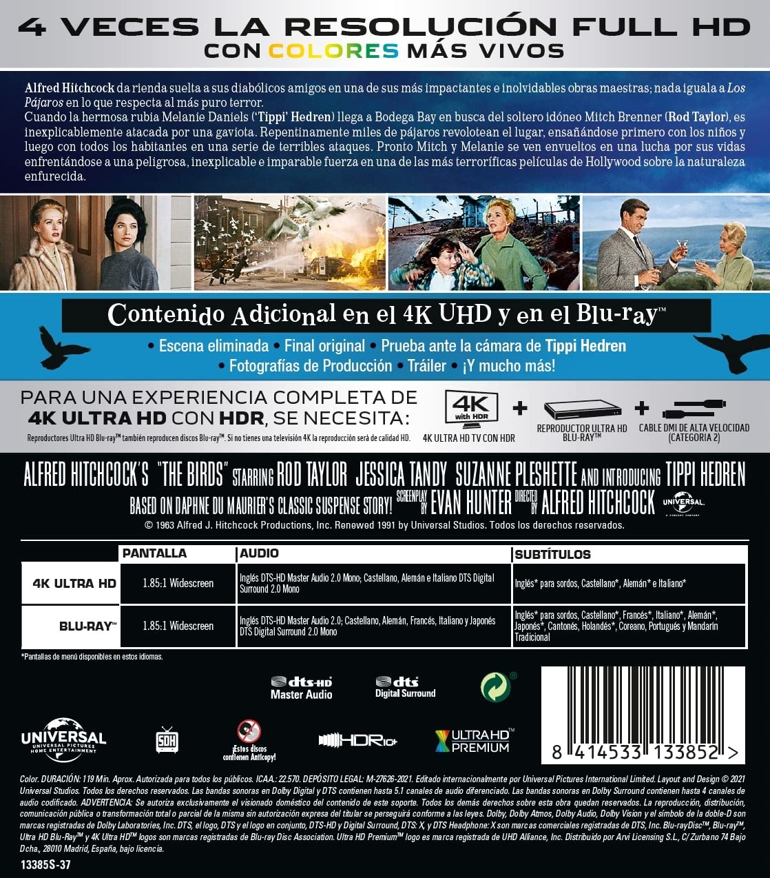 Contraportada de 4K Ultra HD Blu-ray de Los Pájaros de Alfred Hitchcock con texto y fotogramas.