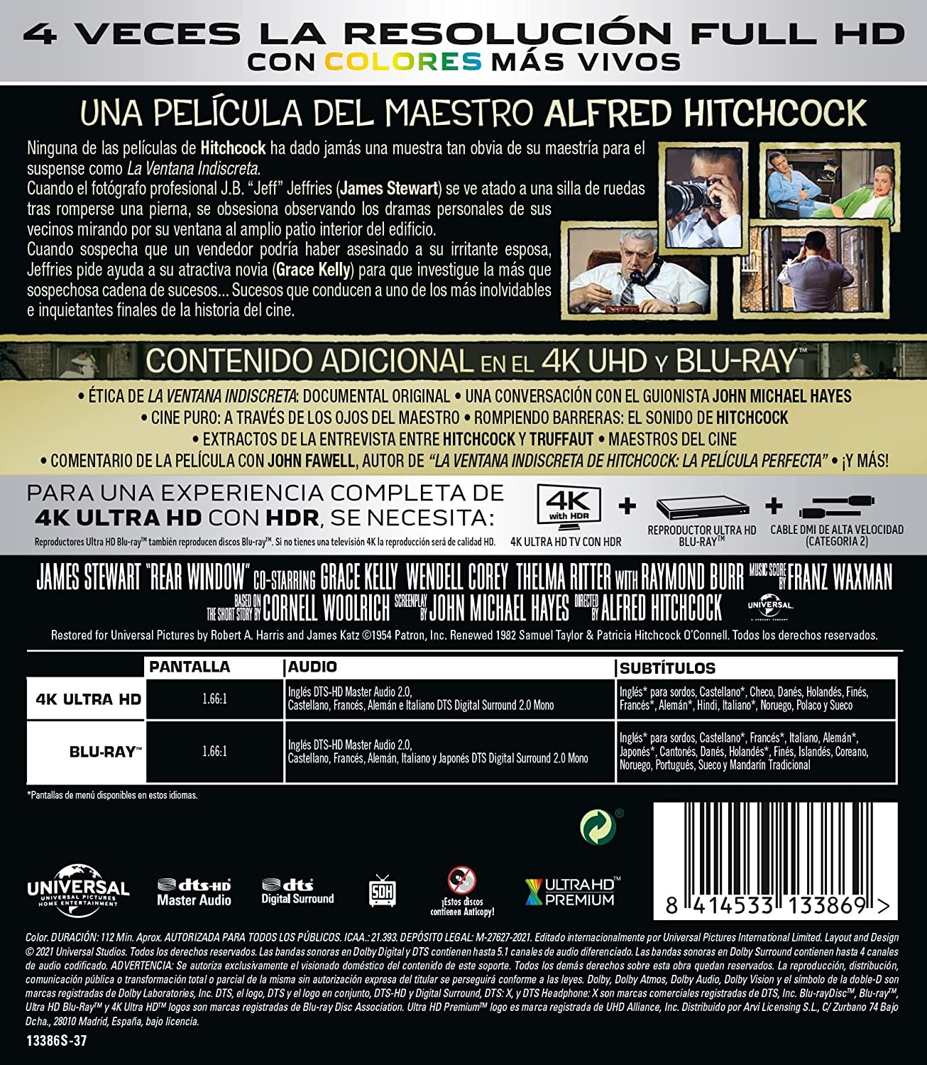 Contraportada de La Ventana Indiscreta en 4K Ultra HD y Blu-ray con texto en español, fotogramas y detalles.