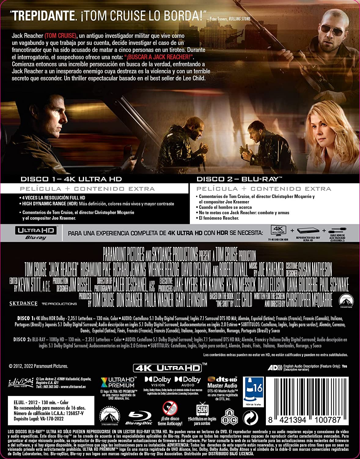 Carátula de DVD de Jack Reacher con Tom Cruise, imágenes de la película y detalles técnicos.