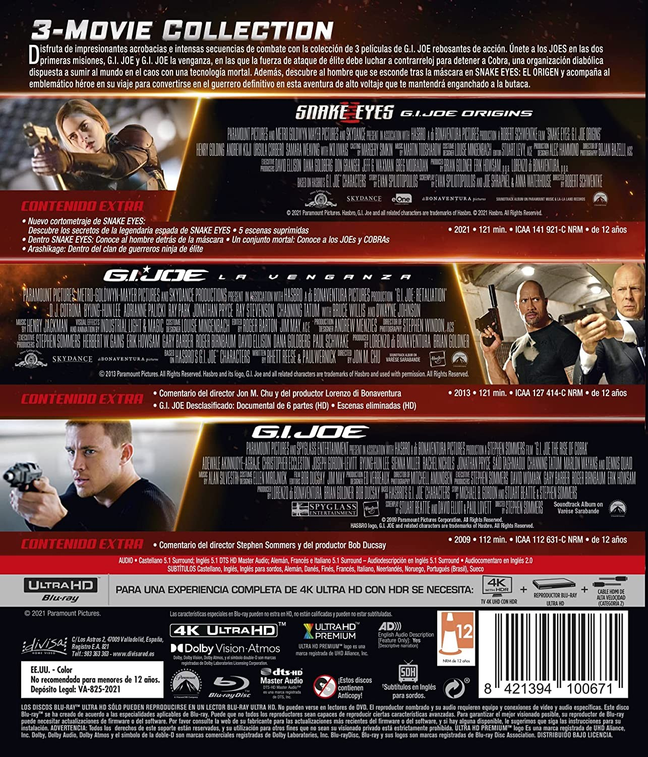 Contraportada de un estuche Blu-ray de colección de 3 películas de G.I. Joe con fotos y detalles.