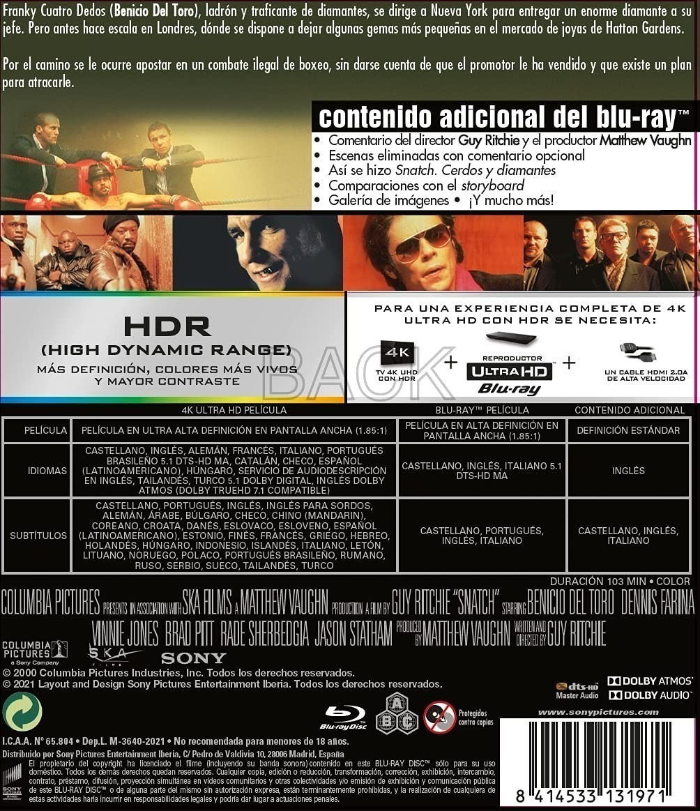 Contraportada de un Blu-ray de Snatch con sinopsis, fotos de personajes, extras y especificaciones.