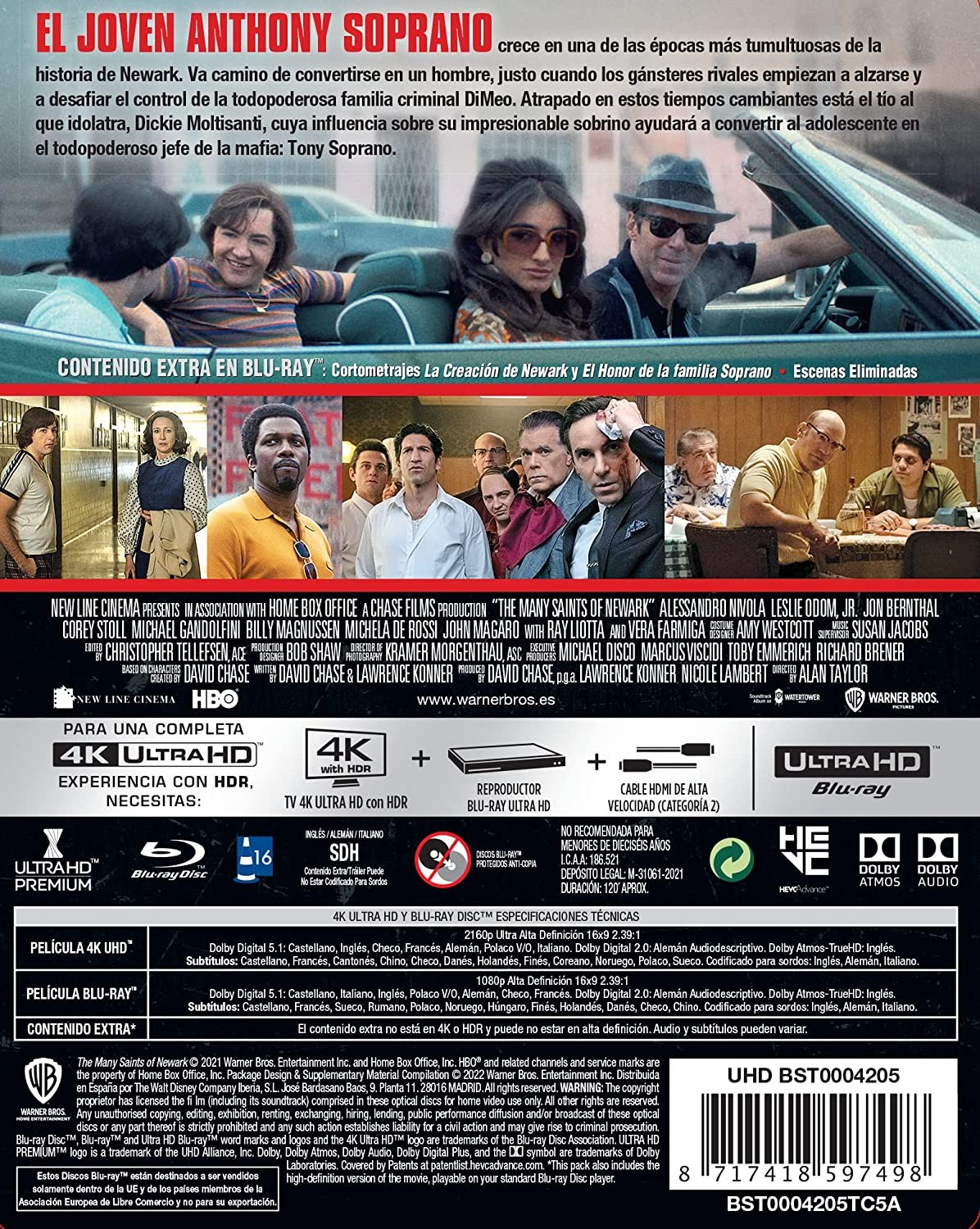 Carátula de Blu-ray de The Many Saints of Newark con reparto, texto y detalles técnicos.