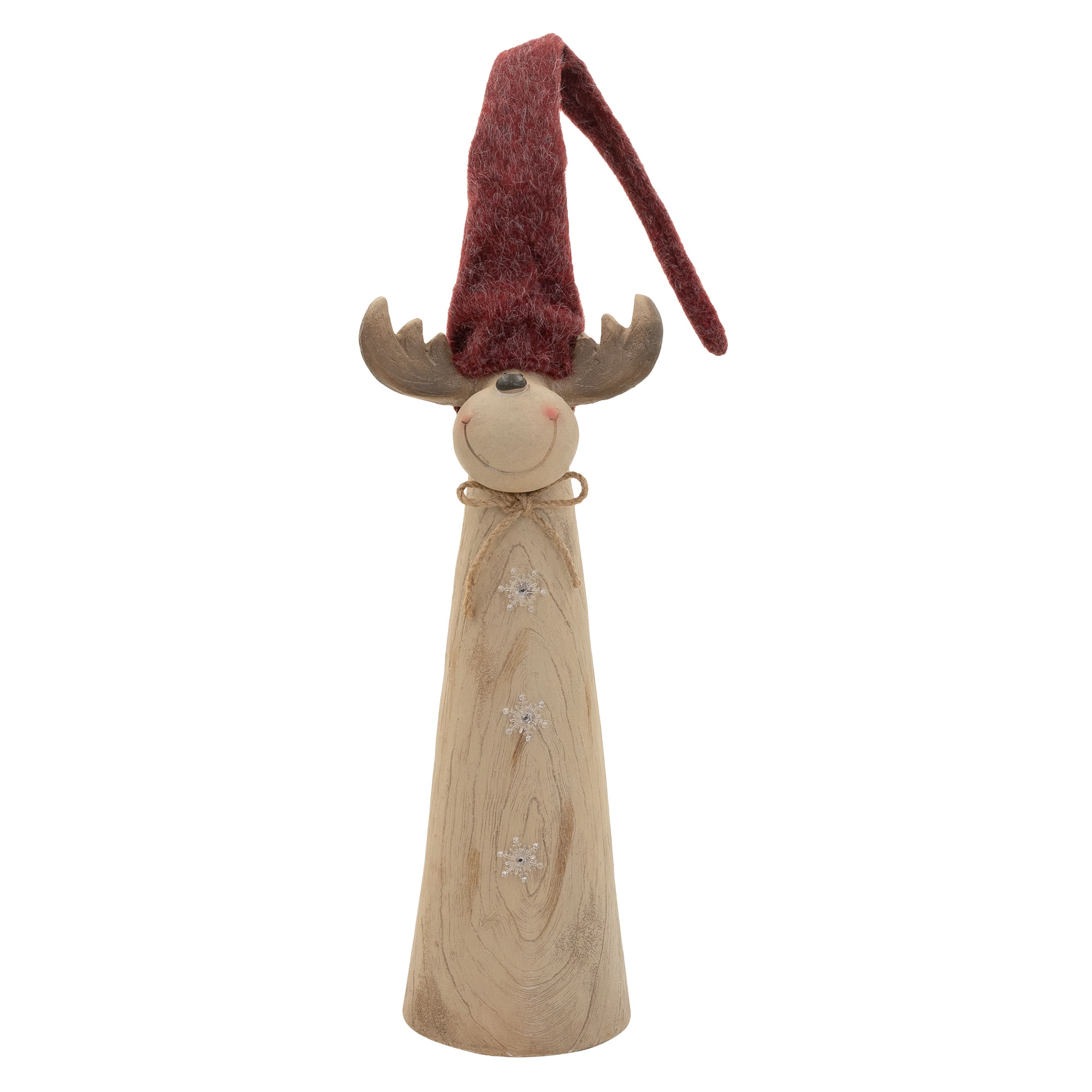 Eine hölzerne Rentier-Weihnachtsfigur mit langer roter Mütze und Schneeflocken auf dem Körper.