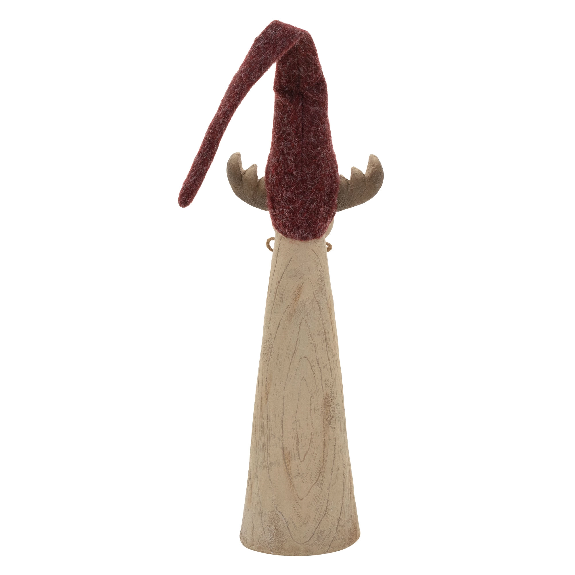 Holzfigur eines Elchs mit roter Filzmütze auf weißem Hintergrund.