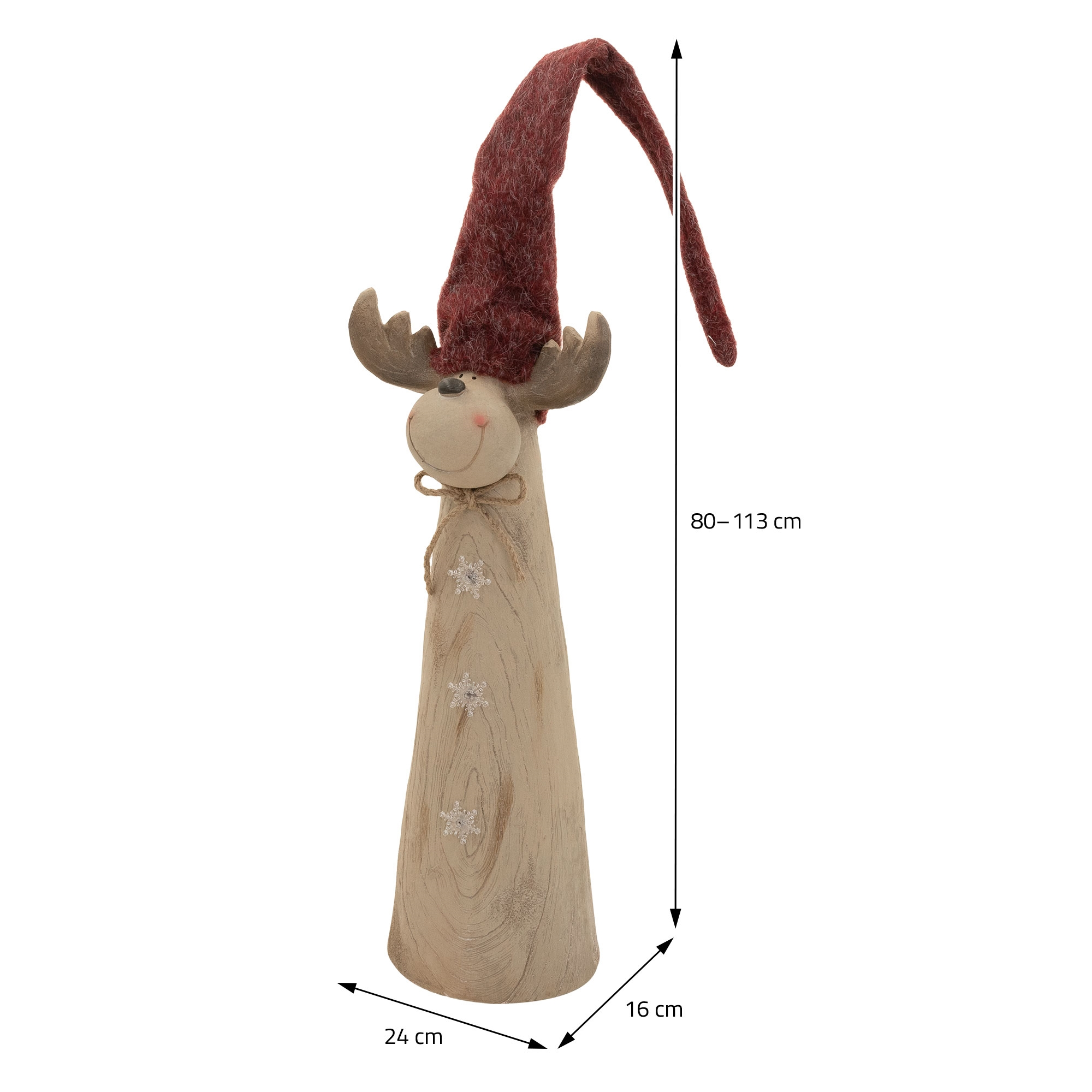 Holzfigur eines Rentiers mit roter Zipfelmütze und Maßangaben.
