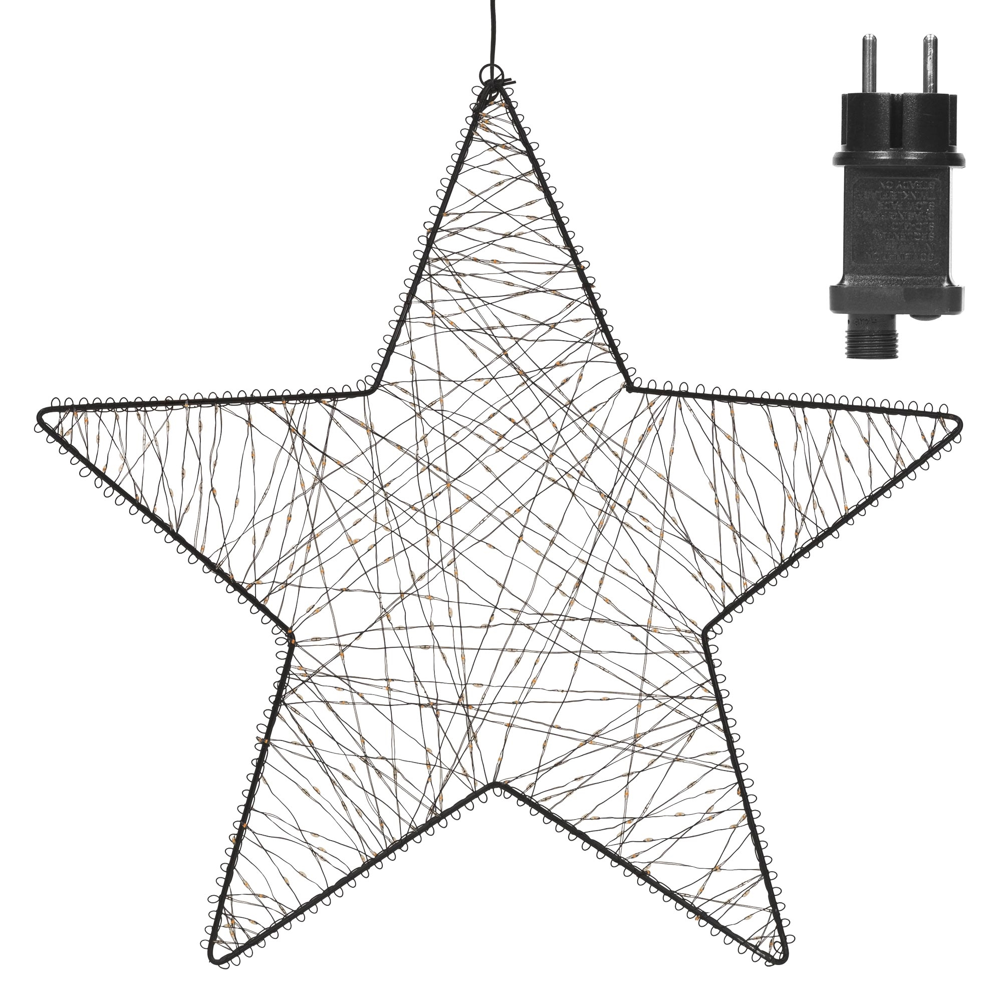 Ein schwarzer Drahtstern mit kleinen Lichtern innen und einem Netzstecker oben rechts.