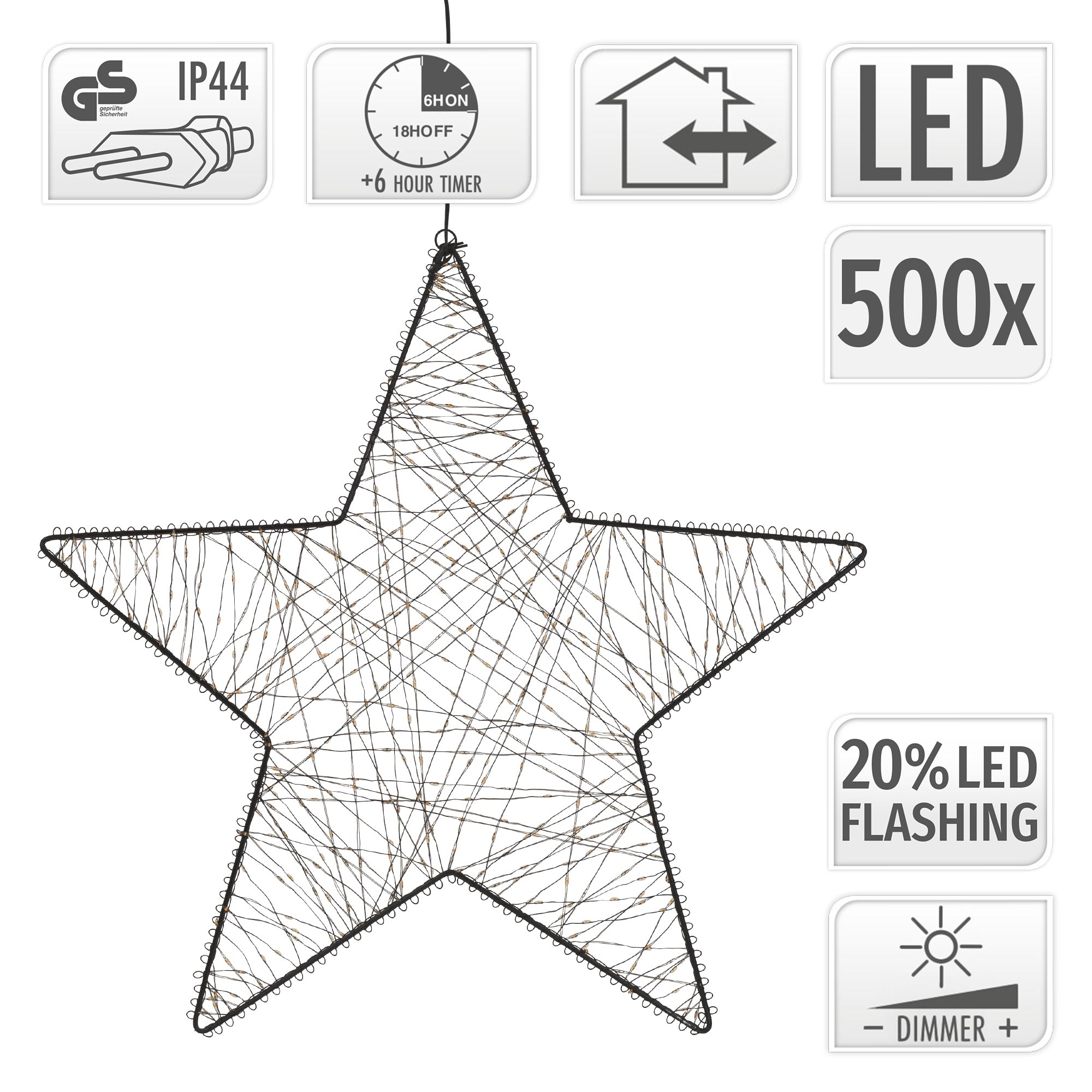 Ein großer, mit 500 LEDs beleuchteter Drahtstern, mit Timer, Dimmer und IP44-Zertifizierung.