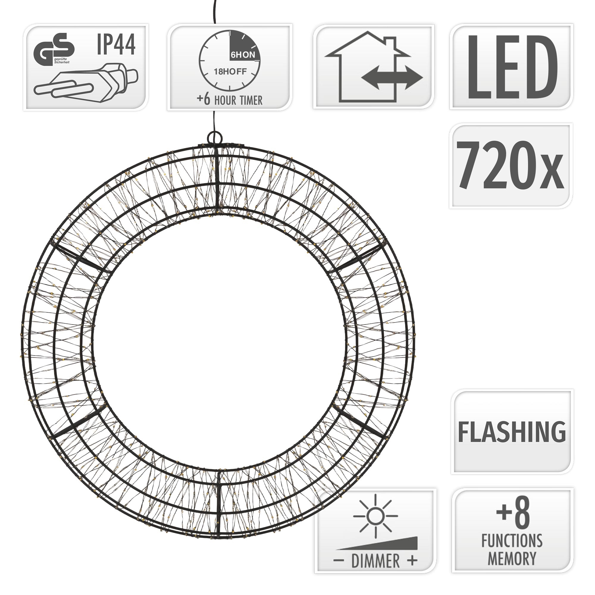 Ein schwarzer Metallring mit LED-Lichtern und Funktionssymbolen.