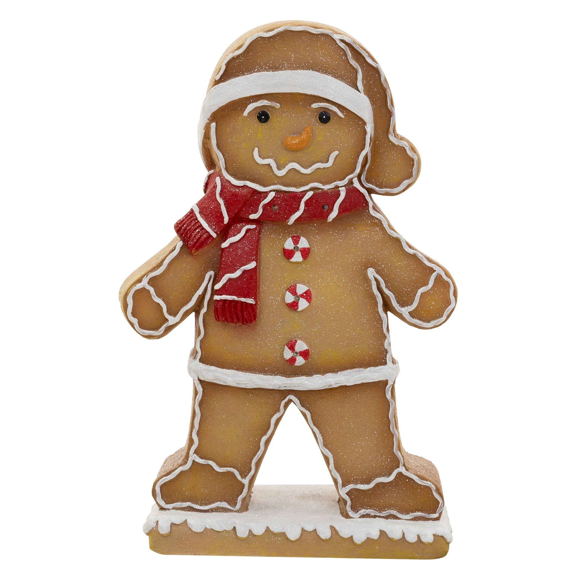 Ein Lebkuchenmann-Figur mit rotem Schal, roter Mütze und Zuckerstangen-Knöpfen auf weißer Basis.