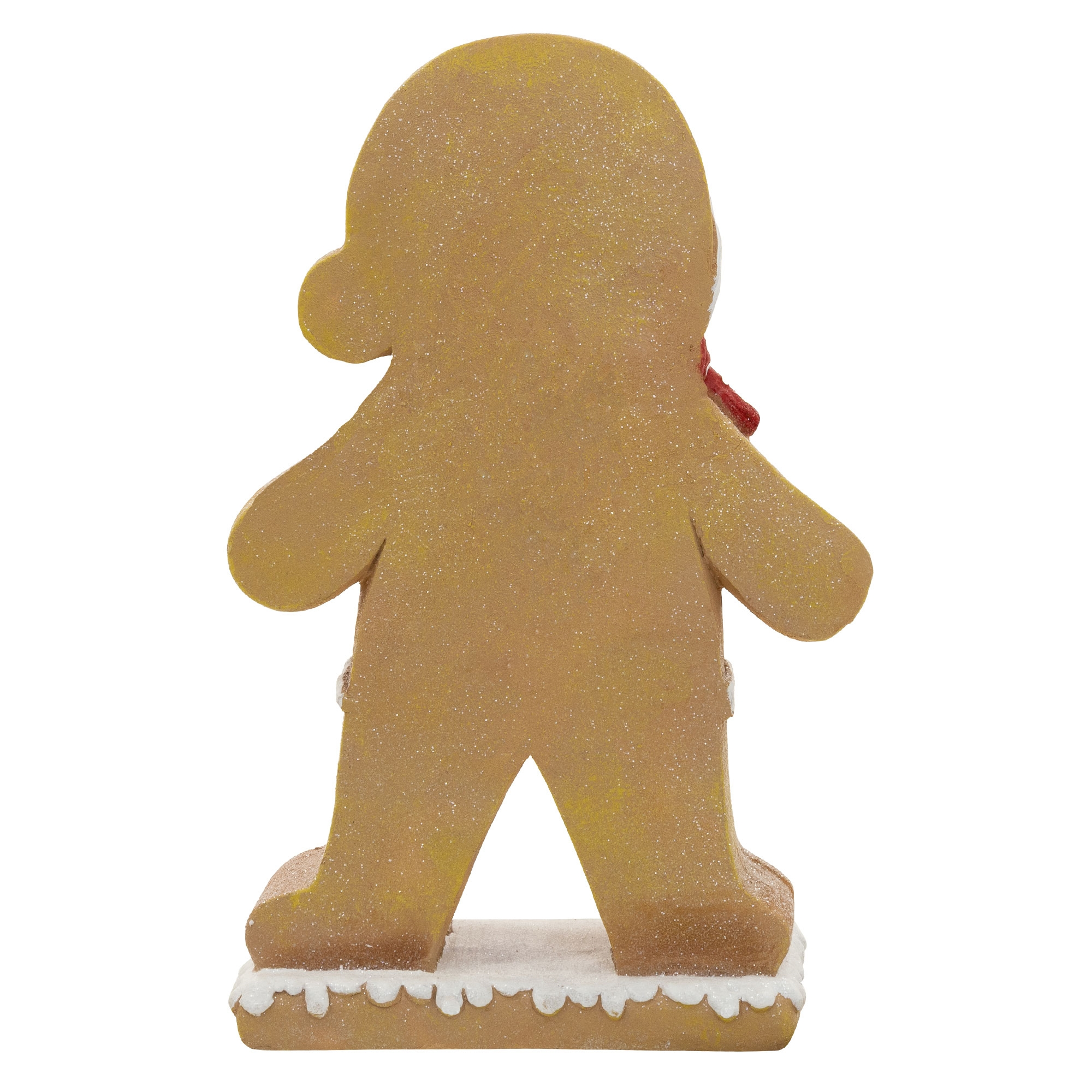 Rückseite einer Lebkuchenmann-Figur auf einem schneebedeckten Sockel.