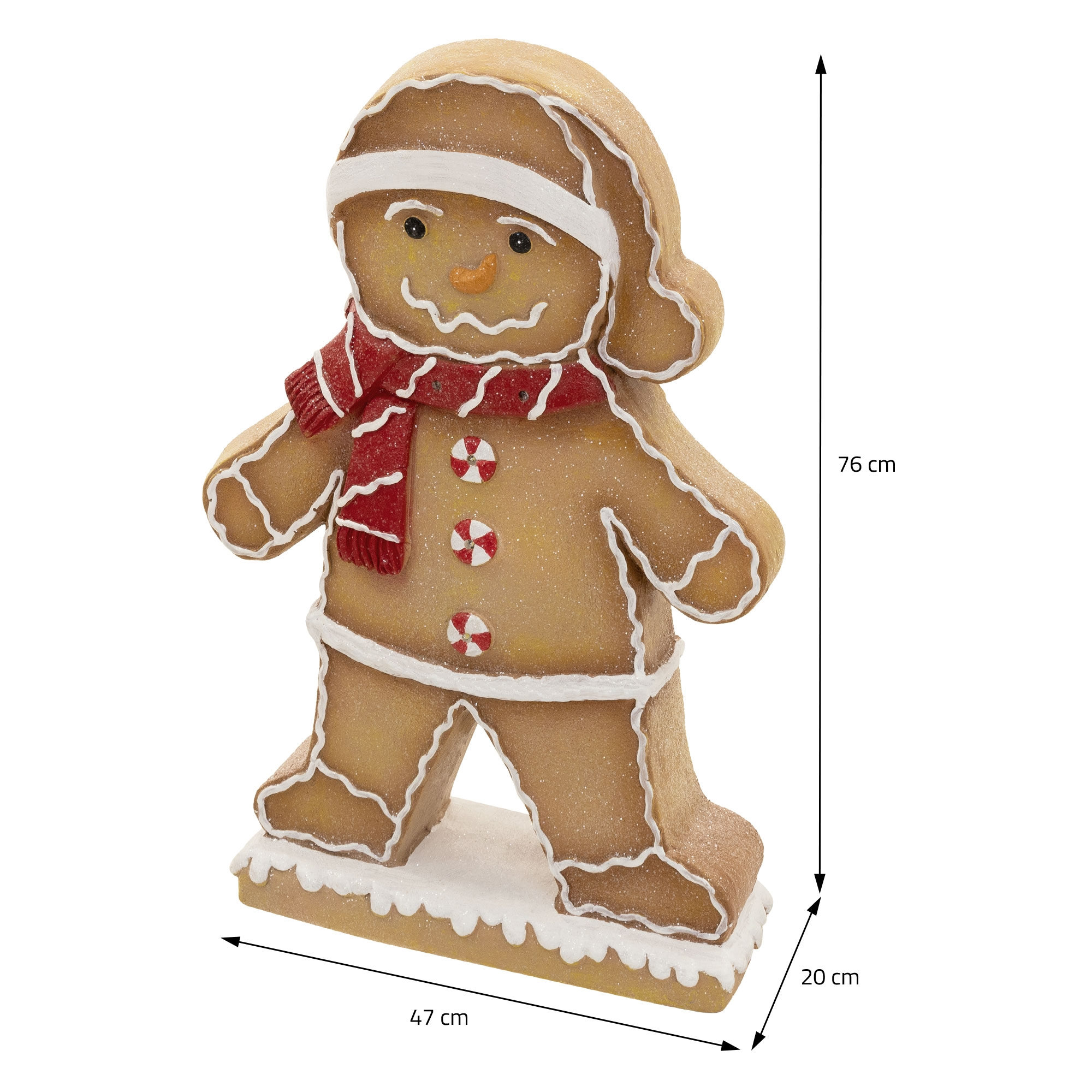 Lebkuchenmann-Figur mit rotem Schal, Mütze und Bonbonknöpfen, Höhe 76 cm, Breite 47 cm, Tiefe 20 cm.