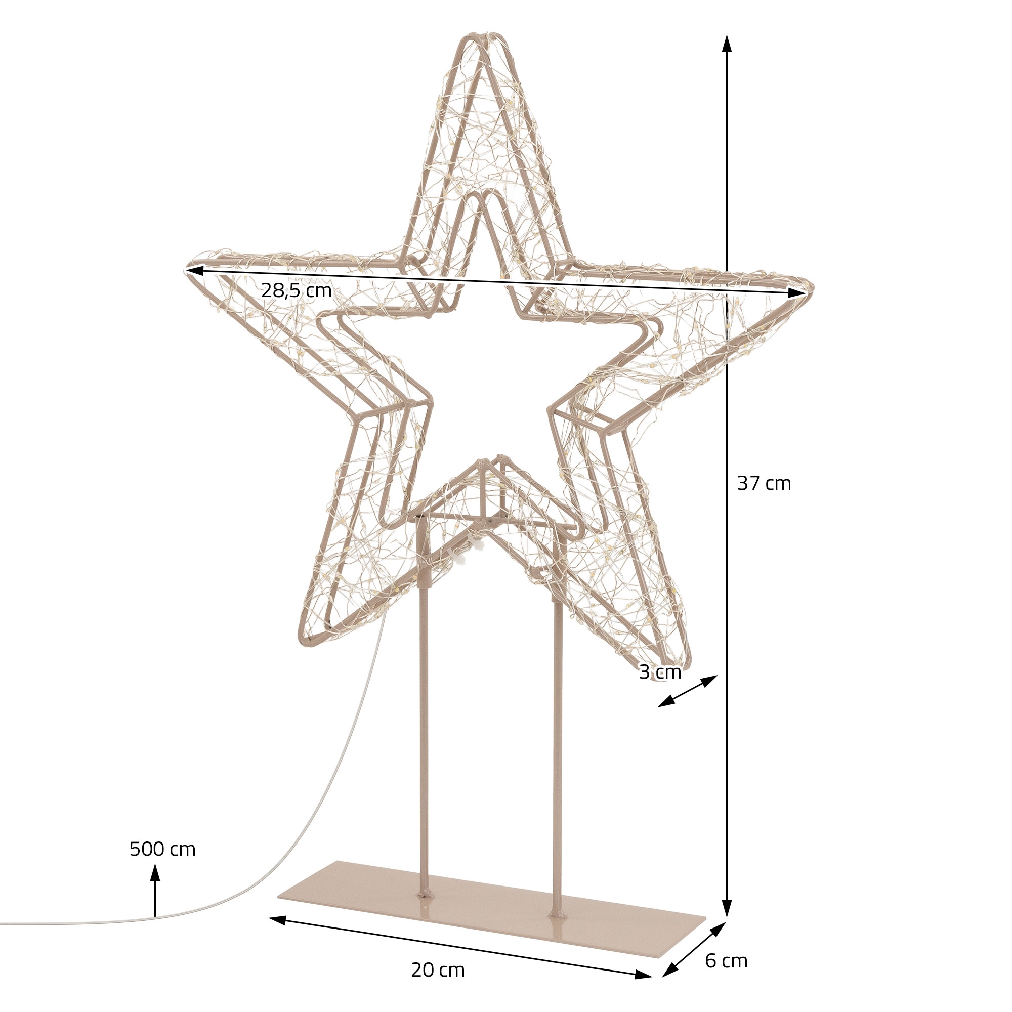 Beleuchtete Sternfigur mit Metallrahmen und Maßen auf weißem Hintergrund.