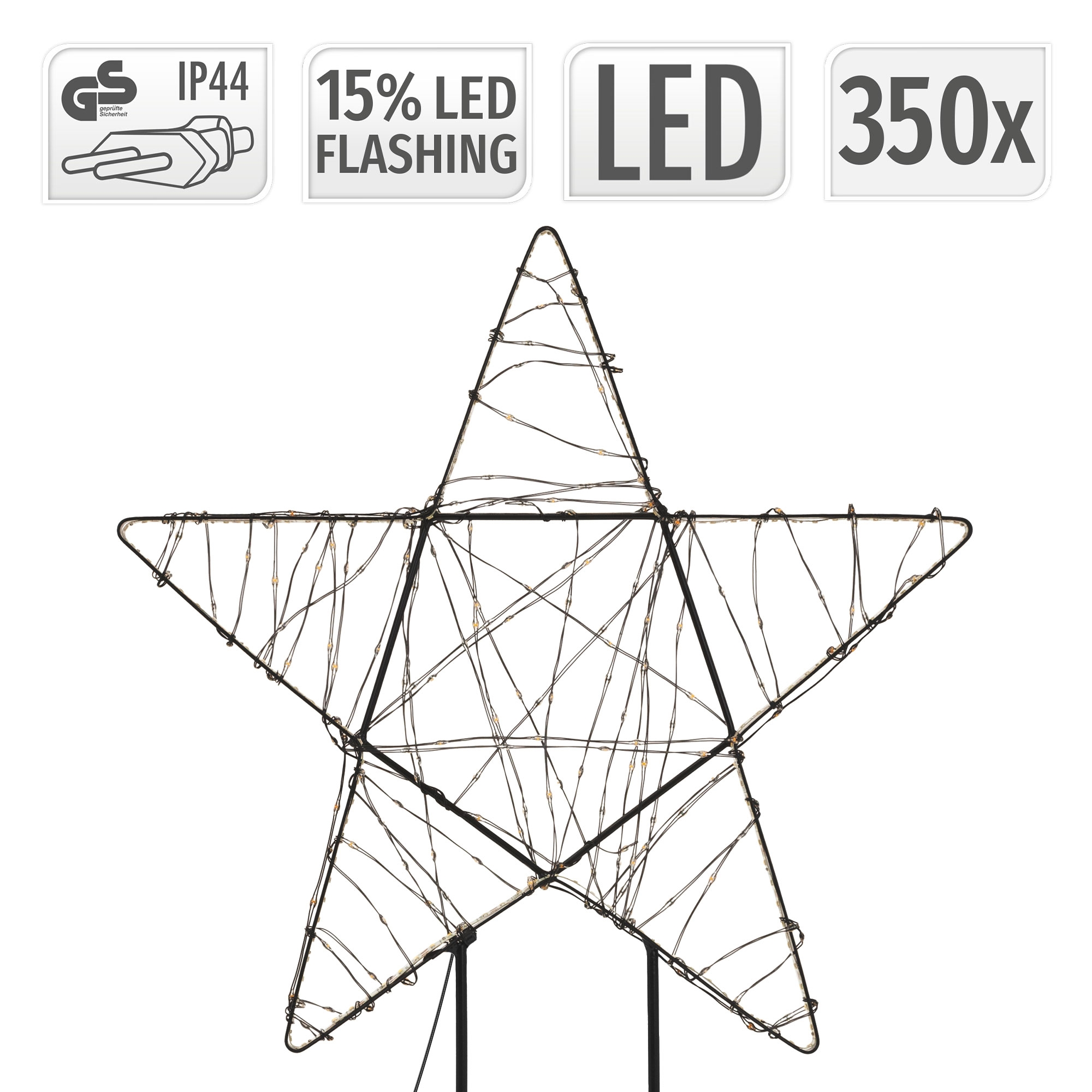 Ein beleuchteter Sternenrahmen aus Metall mit LED-Lichtern und vier Informationssymbolen oben.