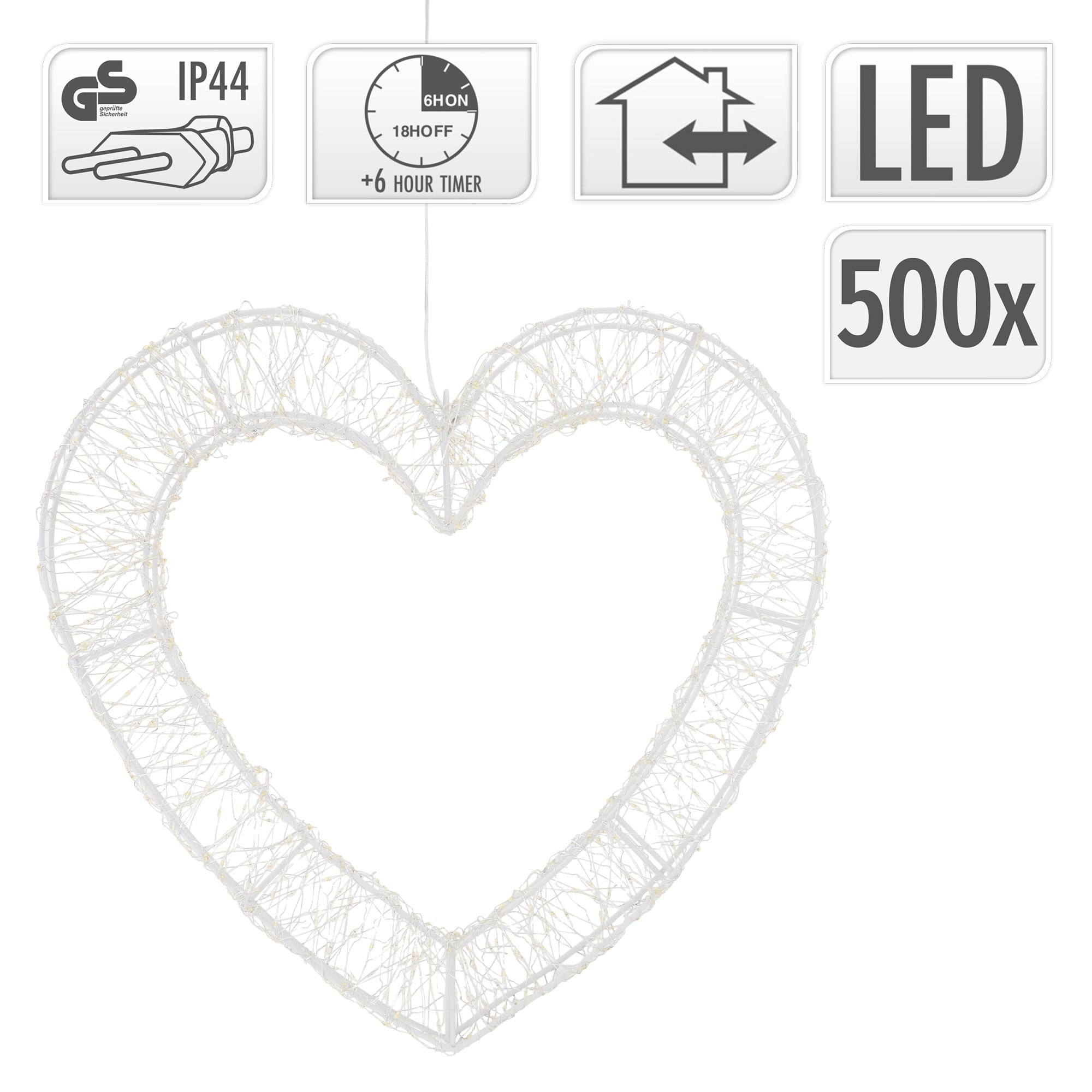 Herzförmige LED-Lichterkette mit IP44, Timer und 500 LEDs für den Innen- und Außenbereich.