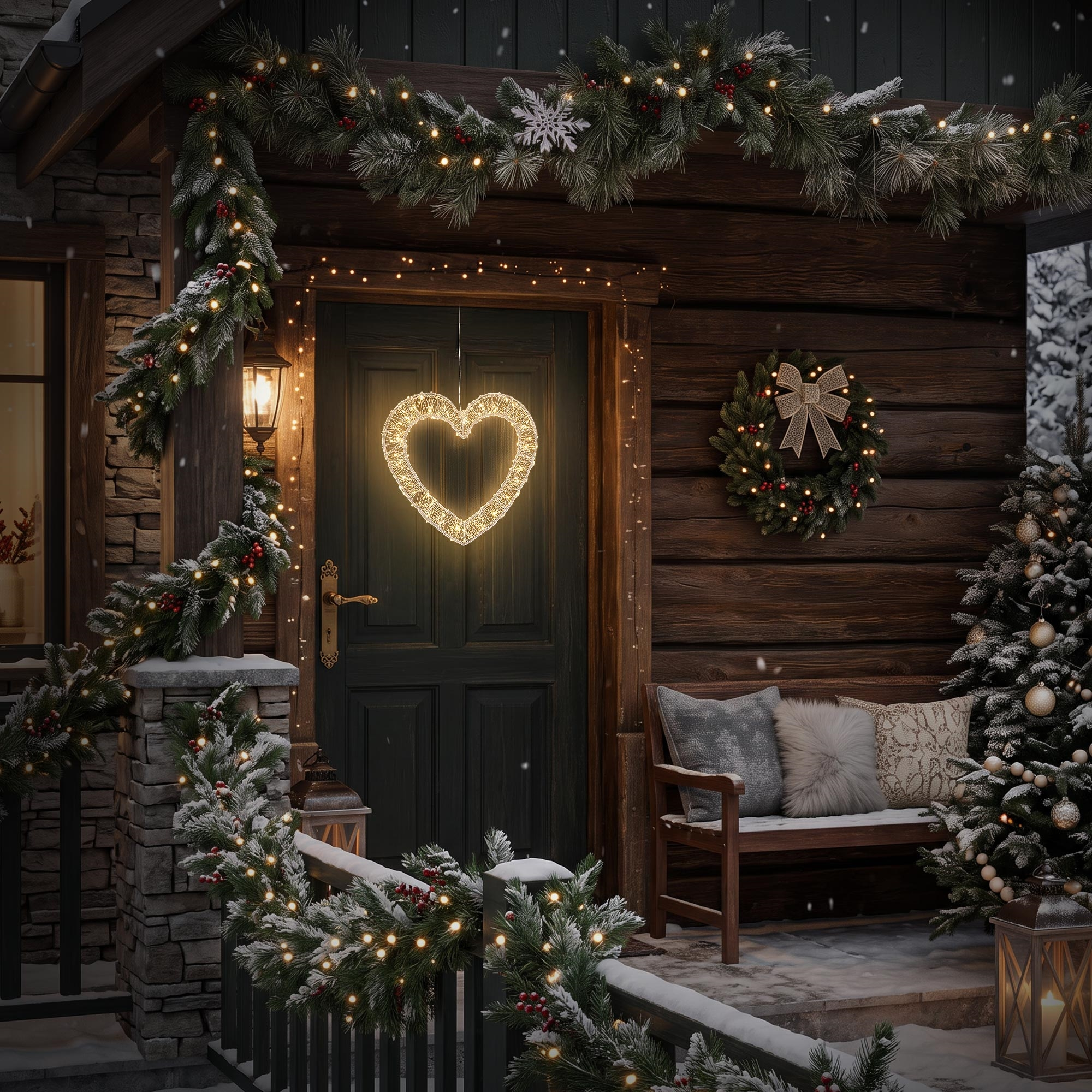 Eingangsbereich einer Holzhütte mit leuchtendem Herz, Tannengirlanden, Weihnachtsbaum und einer Bank mit Kissen im Schnee.