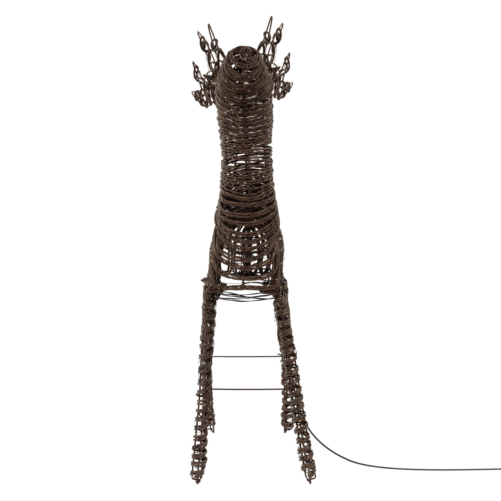 Eine braune Rattan-Rentierfigur mit LED-Lichtern auf weißem Hintergrund.