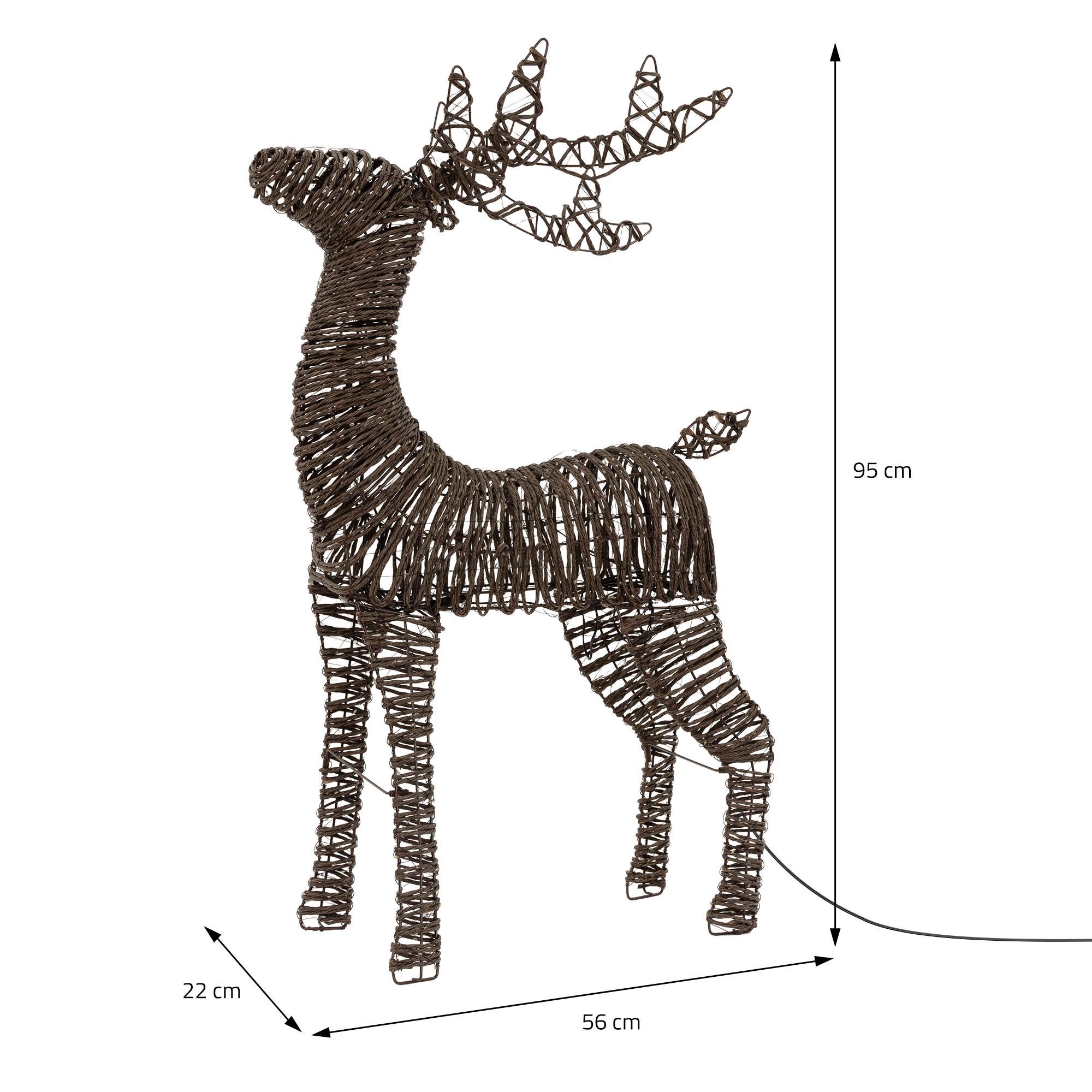 Braune Draht-Renntaierfigur mit Maßen von 95 cm Höhe, 56 cm Länge und 22 cm Breite auf weißem Hintergrund.