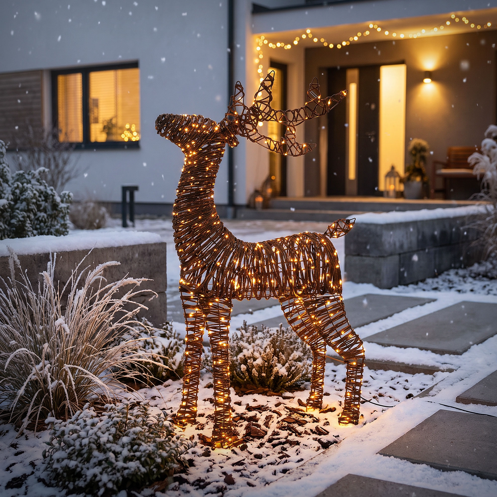 Beleuchtete Rentierfigur aus Draht im schneeüberzogenen Vorgarten vor einem modernen Haus.