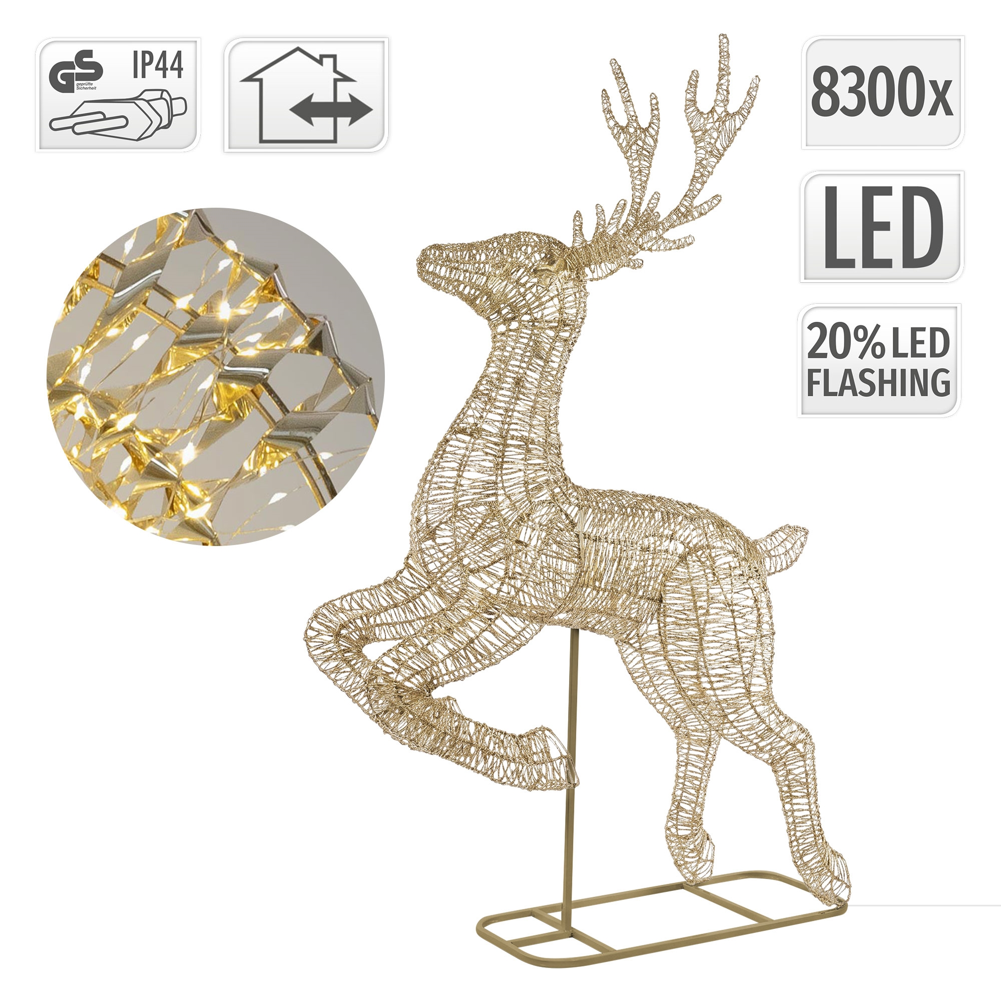 Goldene LED-Renntier-Figur mit feinem Drahtgeflecht und integrierten Icons für IP44 und 830 LEDs.