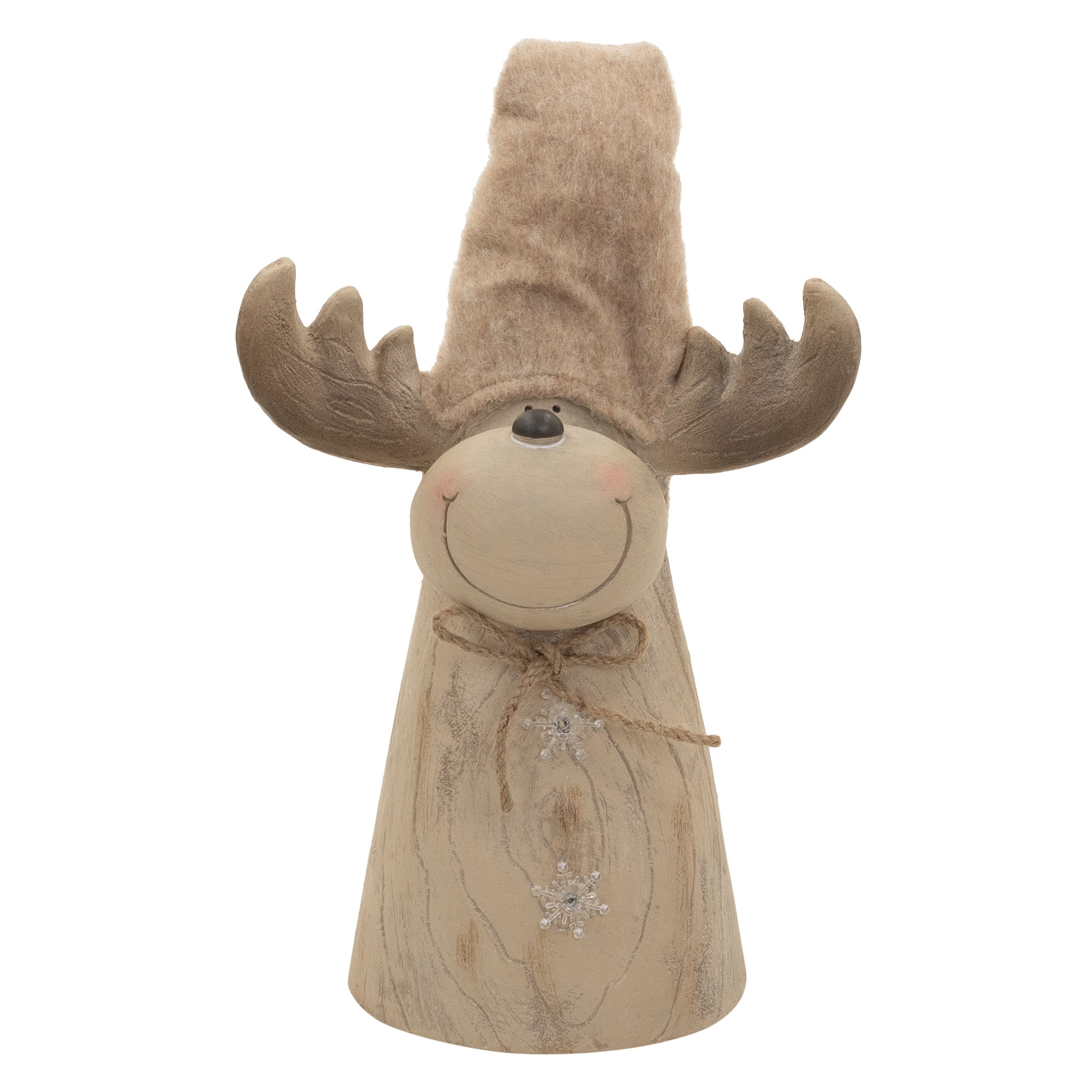 Eine dekorative Weihnachtsfigur aus Holz in Form eines Elchs mit spitzem Hut und Geweih.
