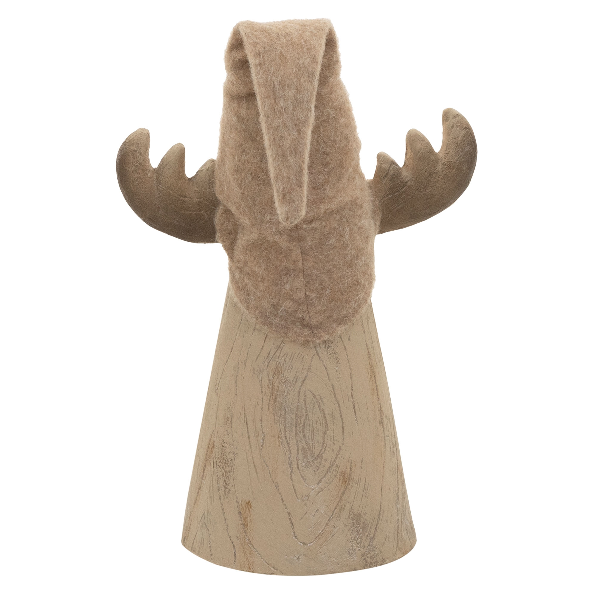 Eine beige hölzerne Elchfigur mit Filzhut und Geweih vor weißem Hintergrund.