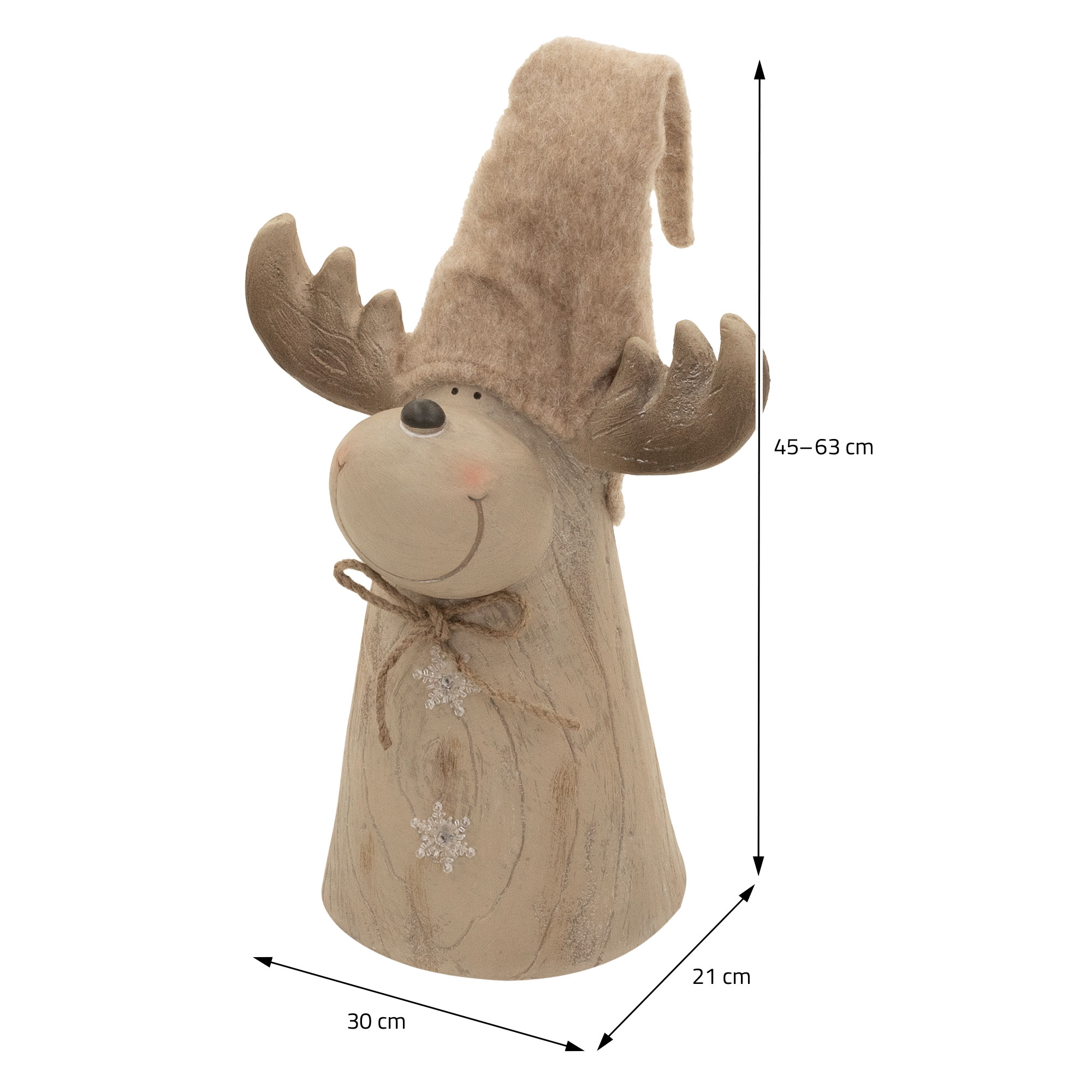 Holzfigur eines Elchs mit Mütze, Schleife und Maßangaben.