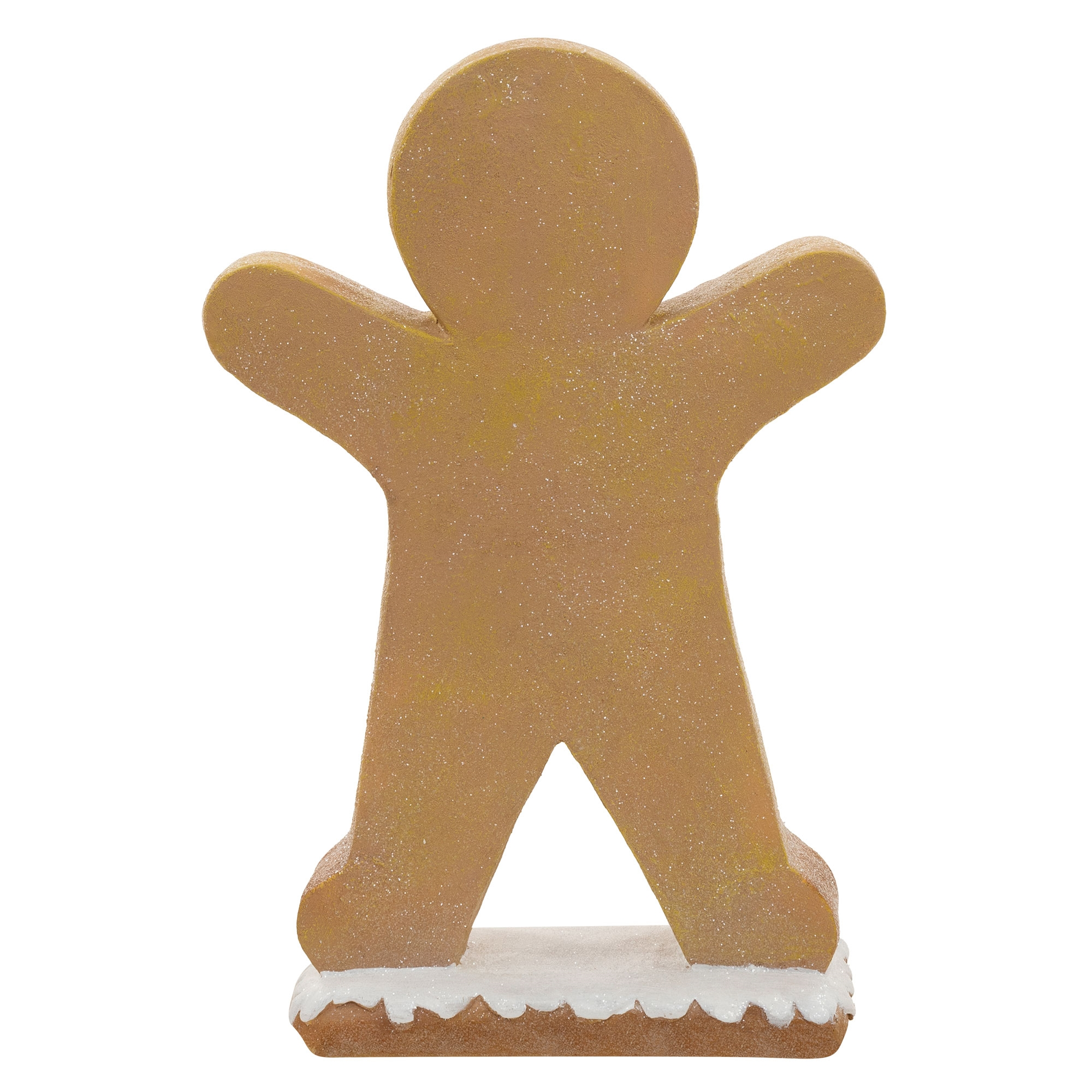 Einfache braune Lebkuchenmann-Figur mit weißem Zuckerguss auf einer schneebedeckten Basis gegen einen weißen Hintergrund.