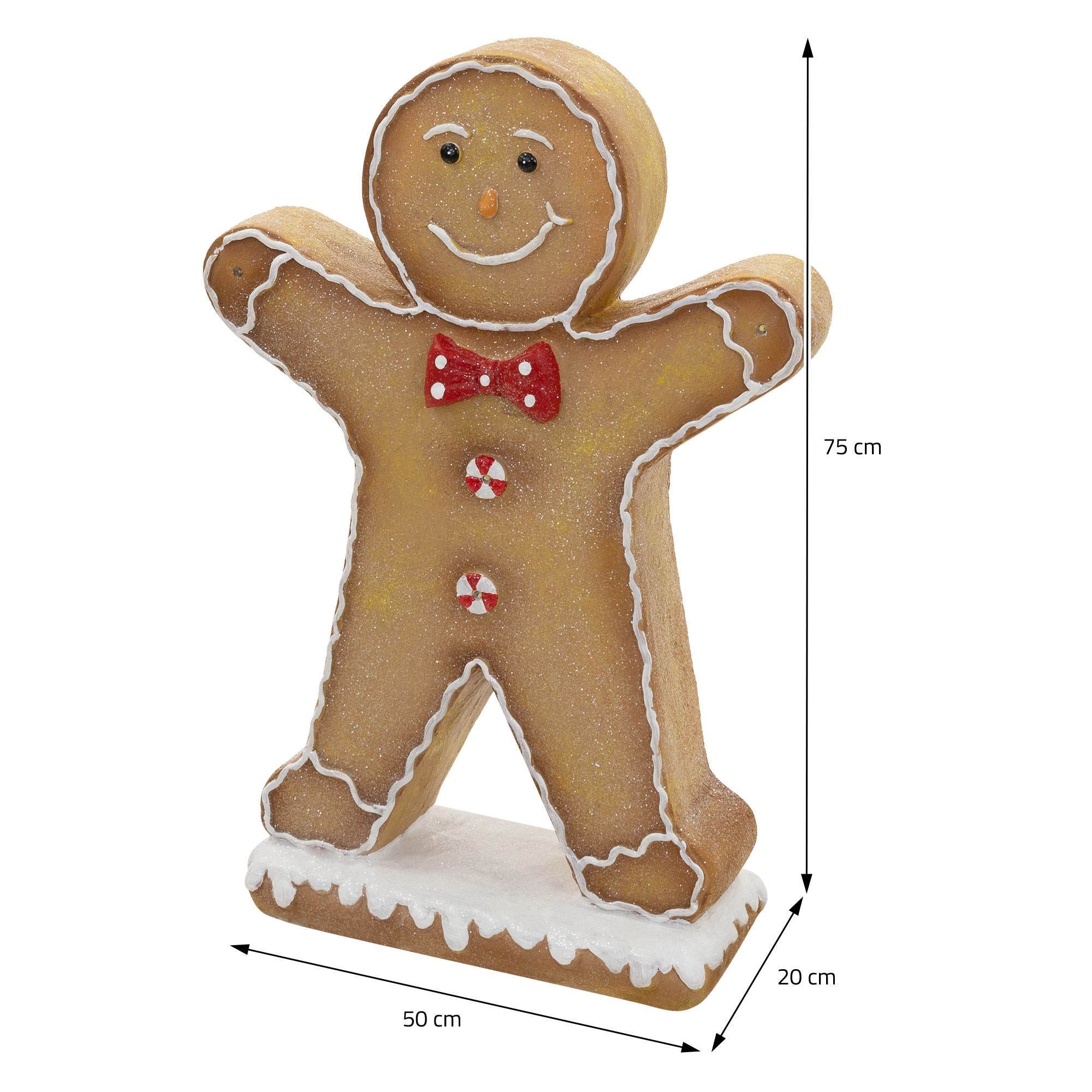Eine Lebkuchenmann-Figur mit weißer Glasur, roter Schleife und Zuckerknöpfen, Maße 75cm, 50cm und 20cm.