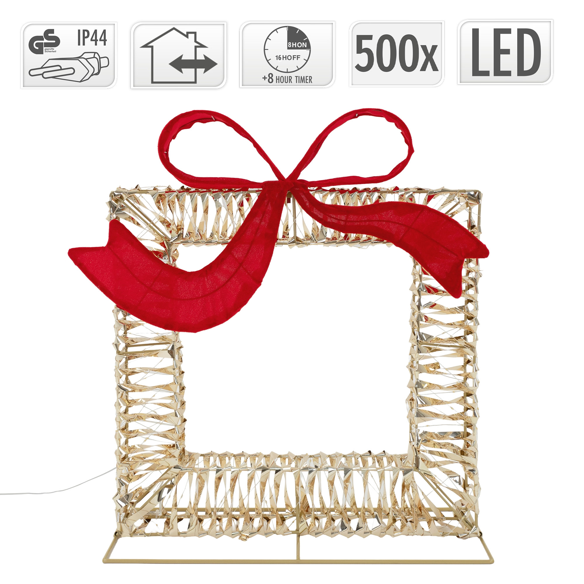 Goldfarbener LED-Weihnachtsrahmen mit großer roter Schleife und verschiedenen Funktionssymbolen oben.