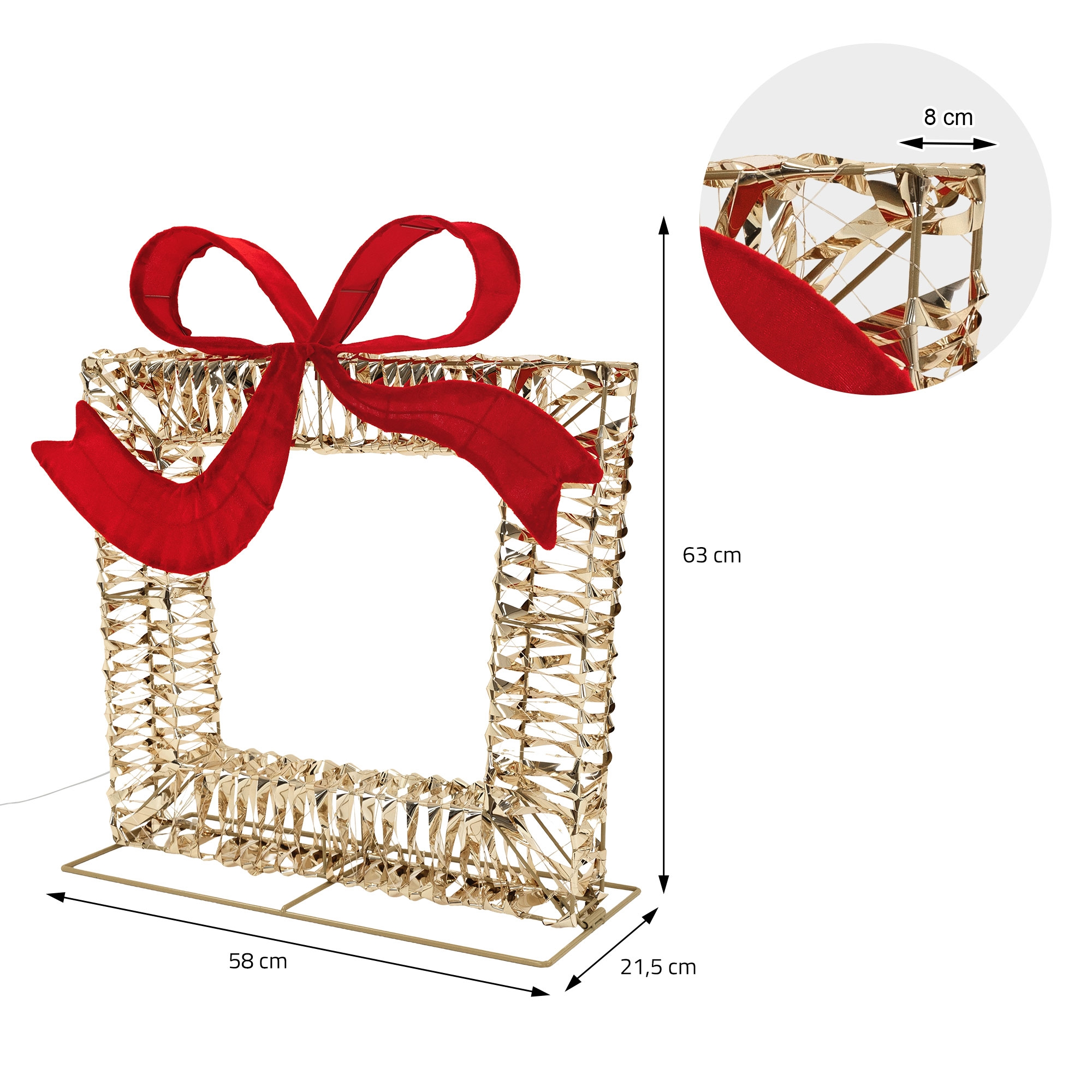 Goldene Geschenkbox-Skulptur mit roter Schleife und Maßen 58x21,5x63 cm, Detailansicht zeigt 8 cm Breite.