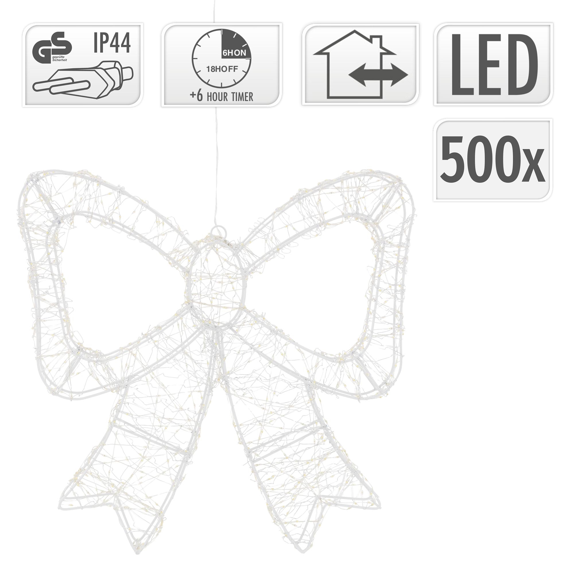 Eine weiße LED-Schleife mit IP44, 6-Stunden-Timer und 500 Lichtern für den Innen- und Außenbereich.