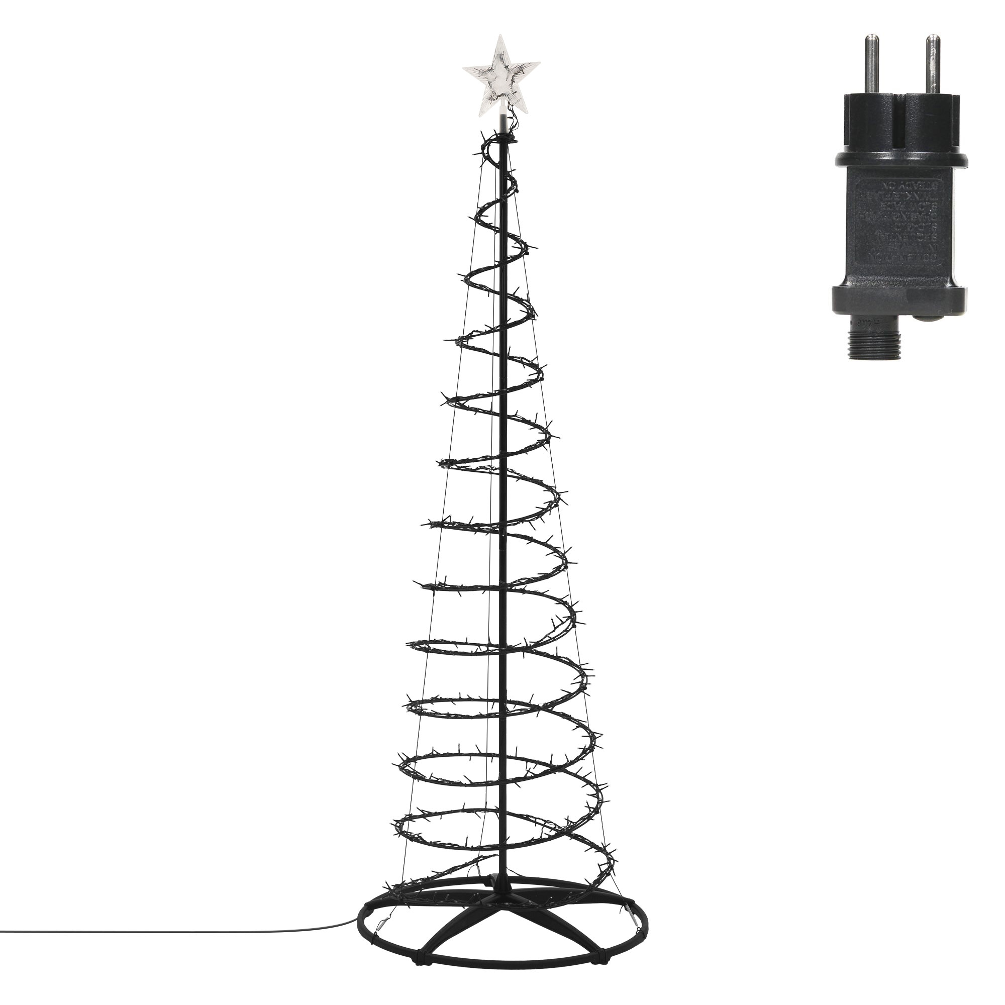 Ein schwarzer spiralförmiger Weihnachtsbaum mit LED-Lichtern und einem Stern an der Spitze sowie ein Netzstecker.