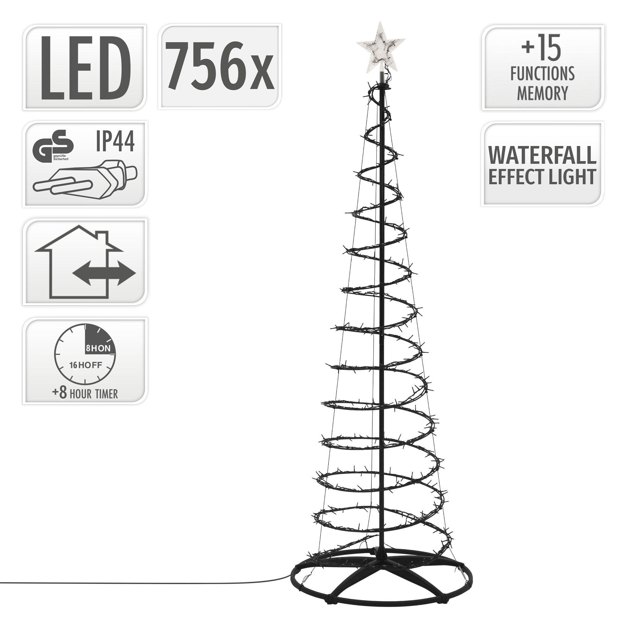 LED-Spiral-Weihnachtsbaum mit Stern und Symbolen für Funktionen.