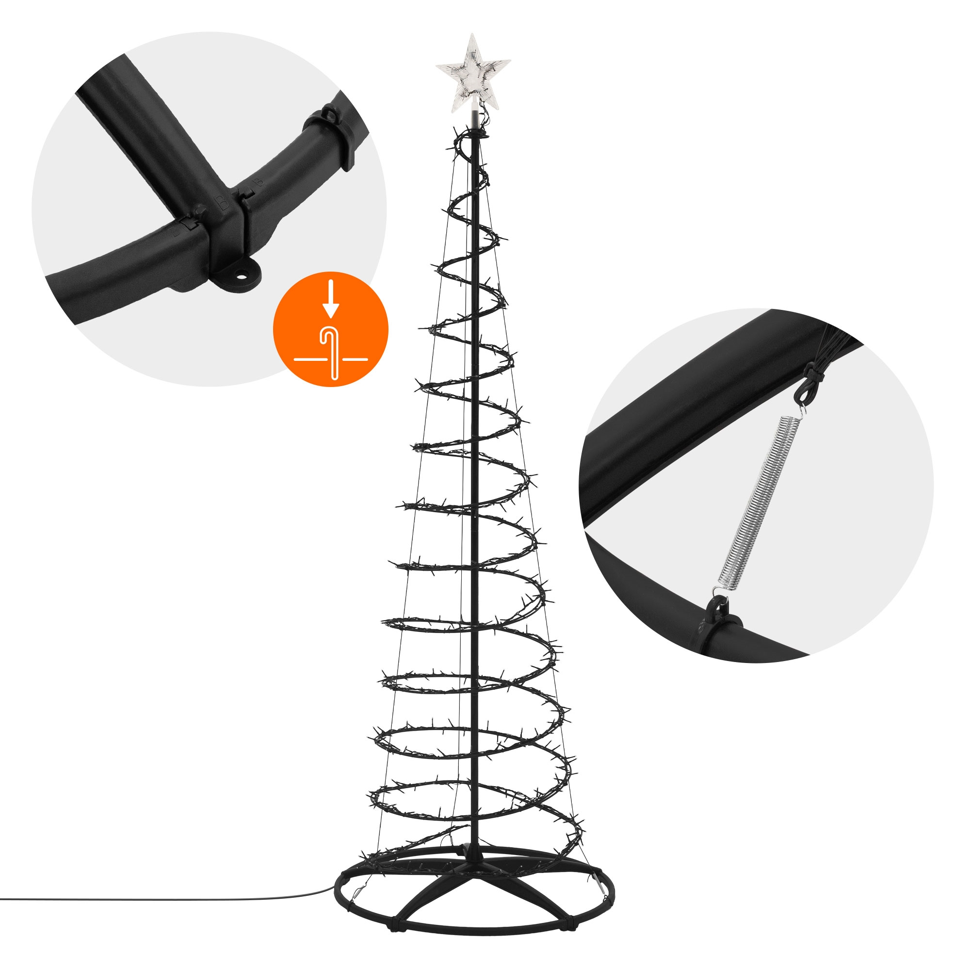 Schwarzer spiralförmiger Weihnachtsbaum mit Stern, Basis und Detailansichten der Montage.