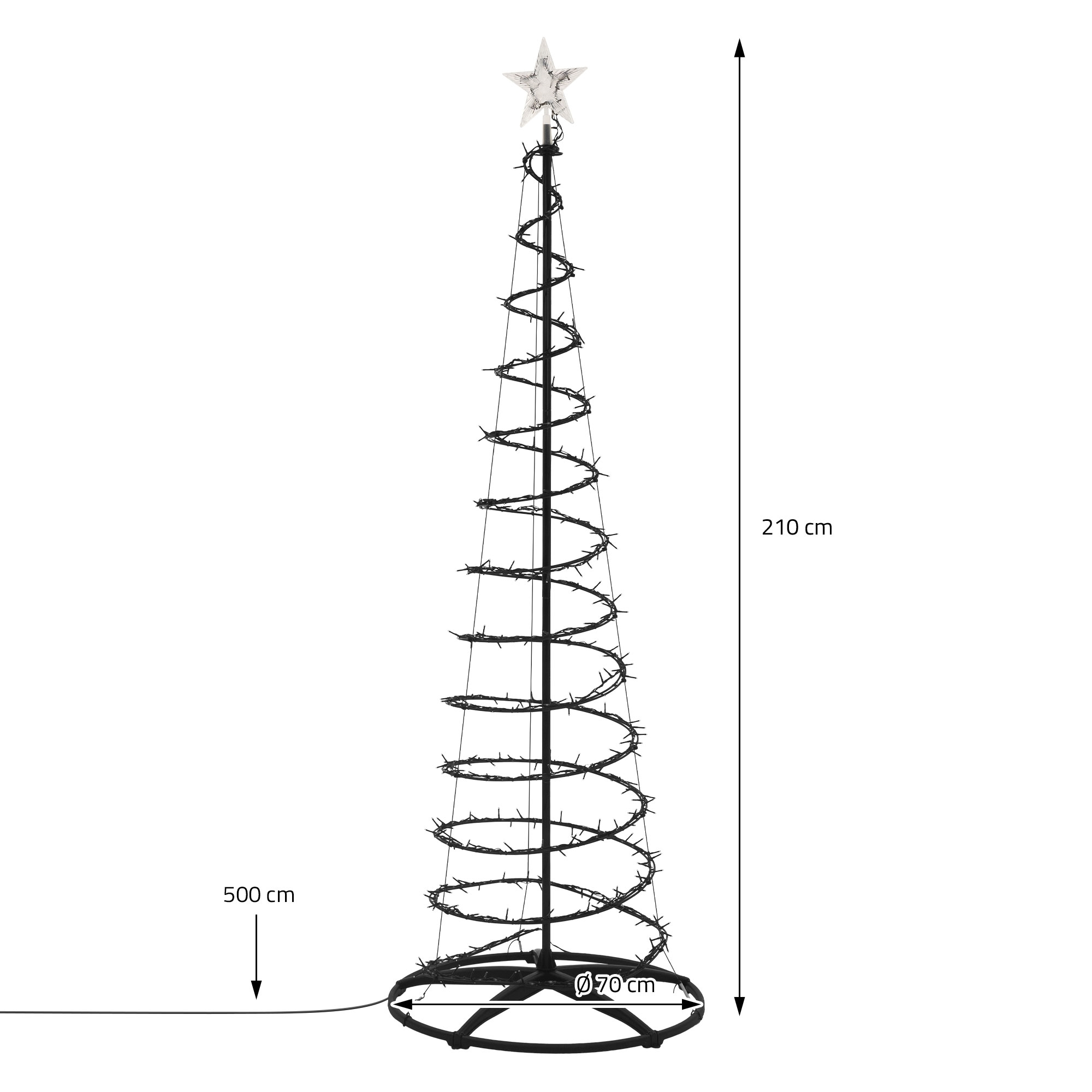 Spiral-Weihnachtsbaum mit LED-Lichtern, 210 cm hoch, 70 cm Durchmesser, topped mit einem Stern.