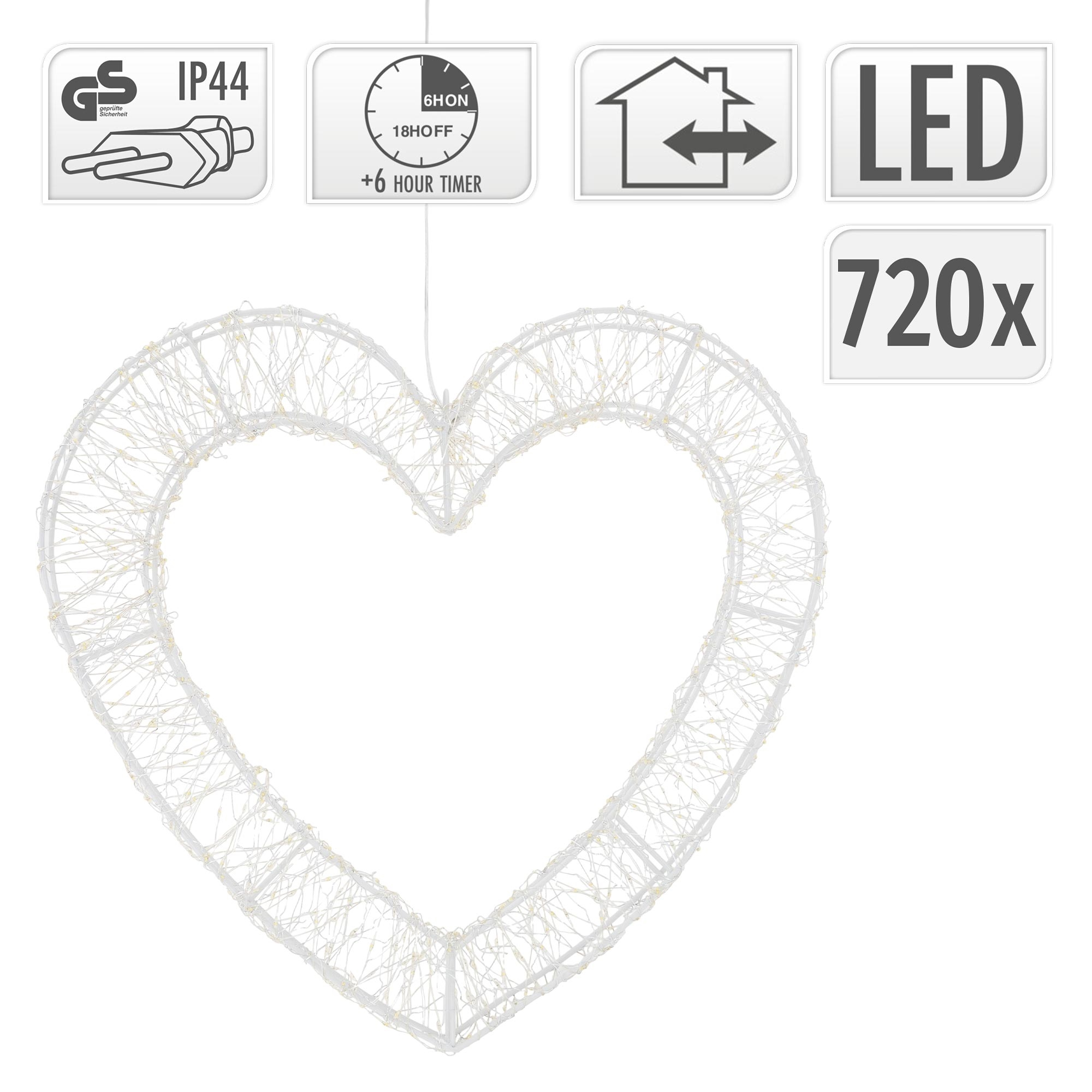 Eine weiße herzförmige LED-Lichtdekoration mit IP44, Timer und 720 LEDs.