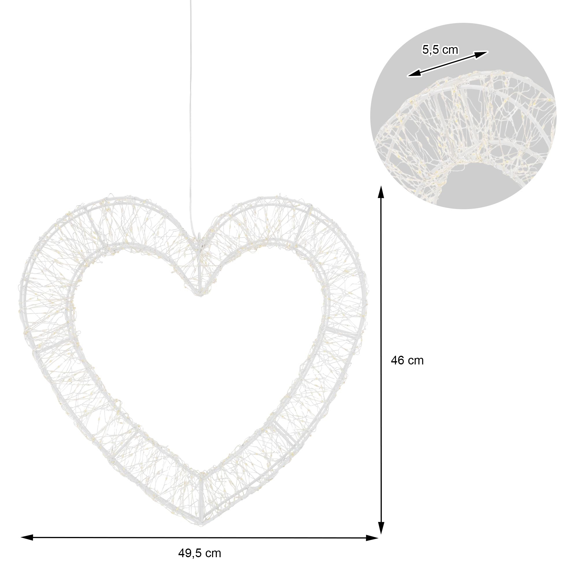 Technische Zeichnung eines hängenden Herzens mit Maßen 49,5 cm breit, 46 cm hoch und 5,5 cm tief.